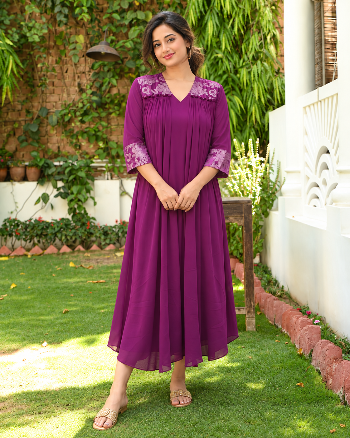 Dark grape shaded georgette Aline kurti with brocade patch MBS-1527 **Ready to dispatch**