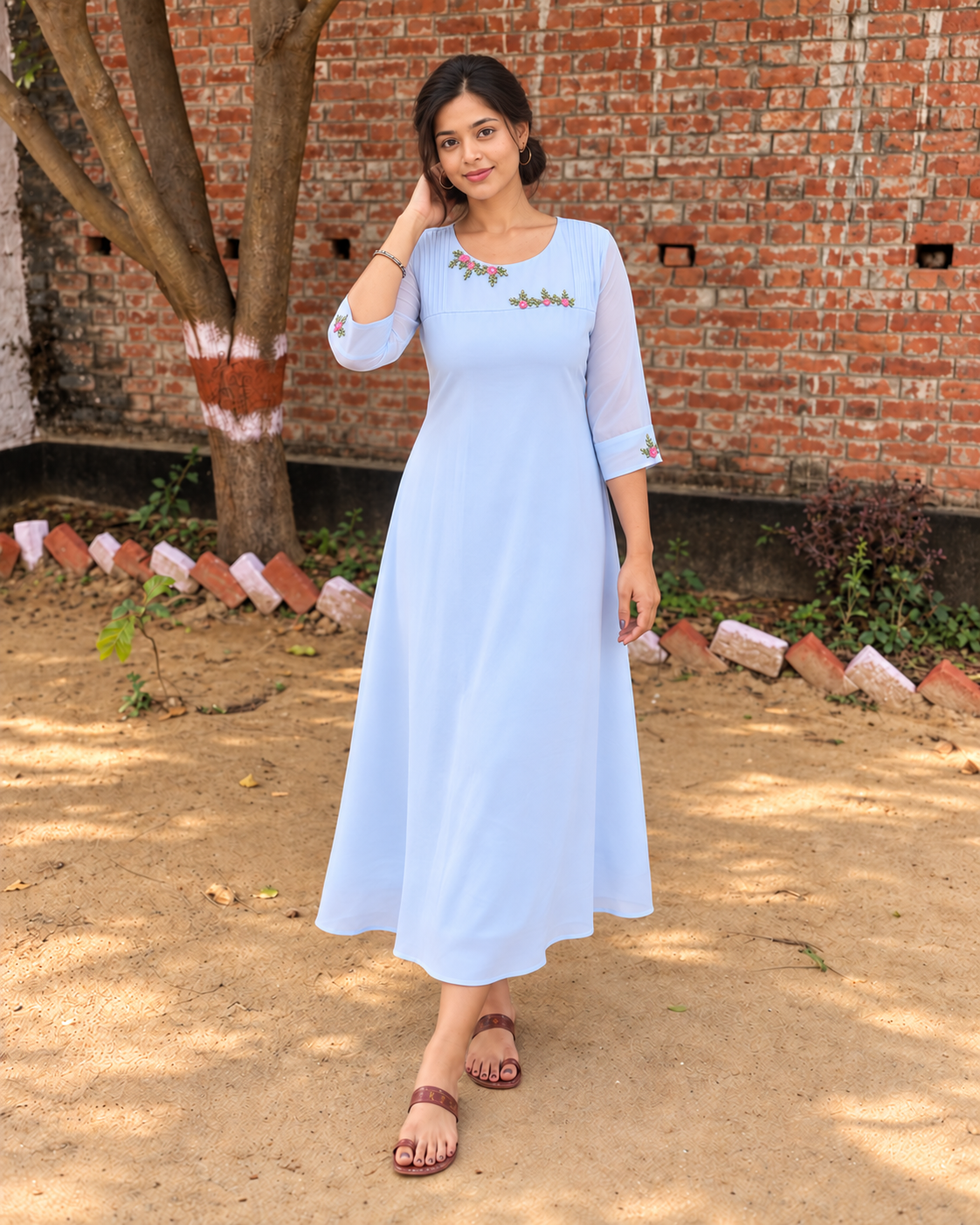 Pale powder blue georgette Aline kurti with pintuck and thread embroidery detailings on yoke and sleeves MBS-1554 **Ready to dispatch**