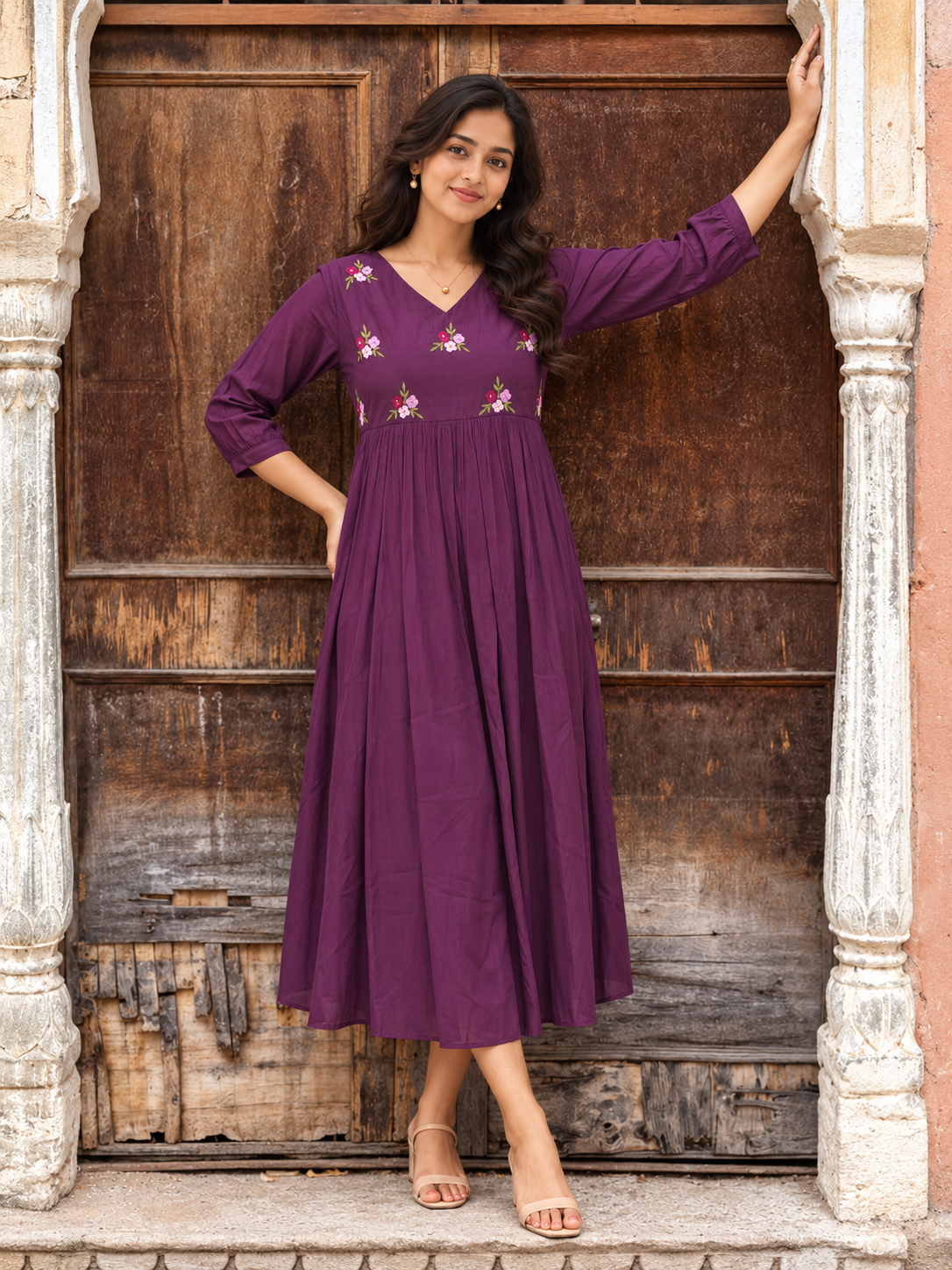 Dark grape vertical stripped cotton Aline kurti with floral thread embroidery detailings on yoke MBS-1449 **Ready to dispatch**