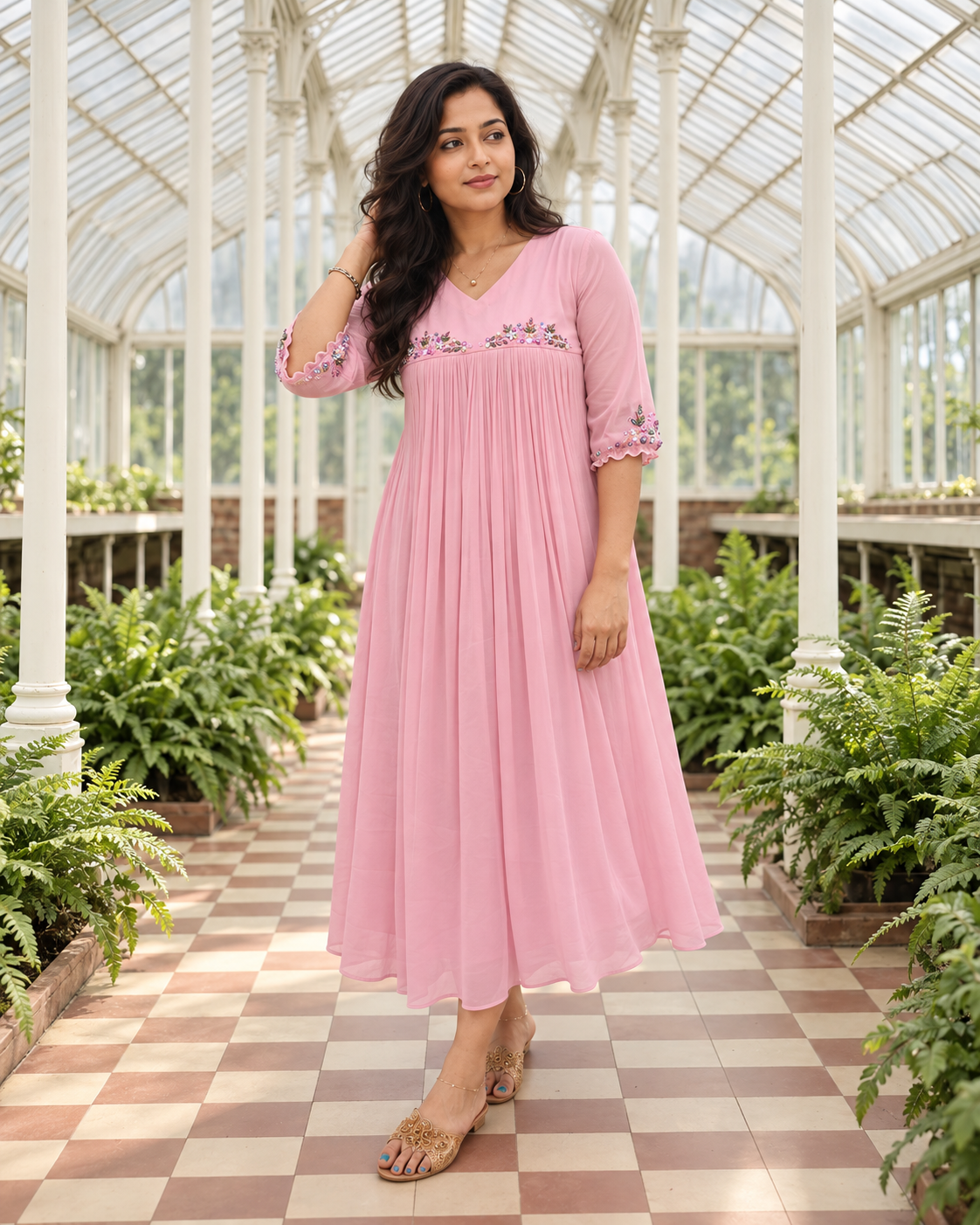 Tea rose georgette Aline kurti with hand worked yoke and sleeves MBS-1521 **Ready to dispatch**