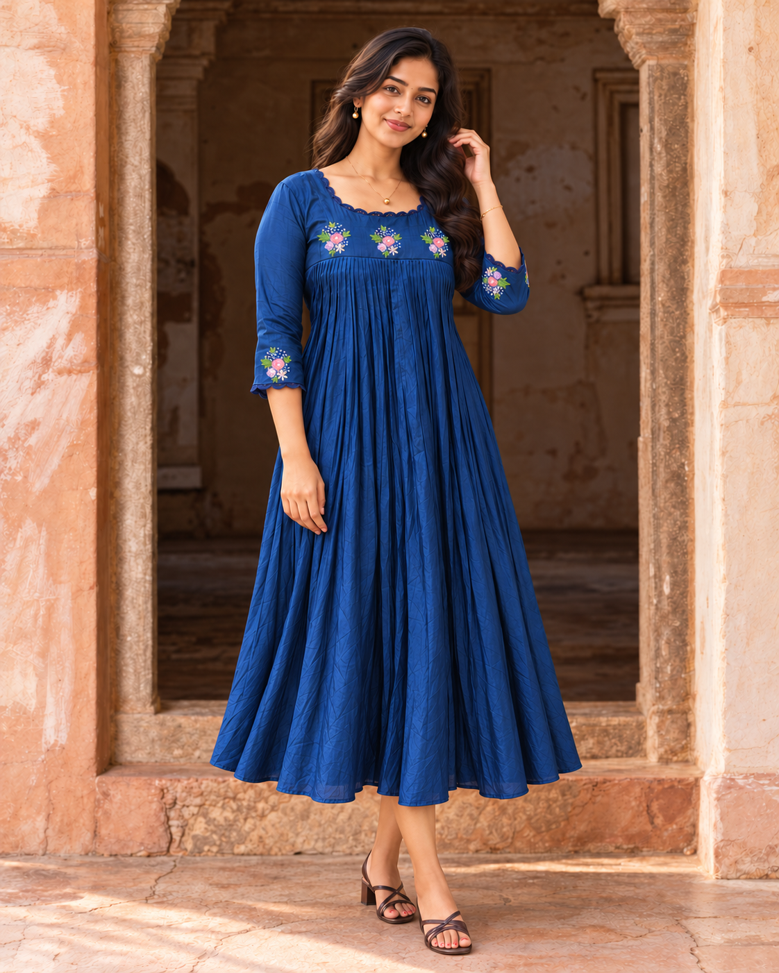 Blue muslin silk Aline kurti with handworked yoke and lace detailings MBS-1467 **Ready to dispatch**