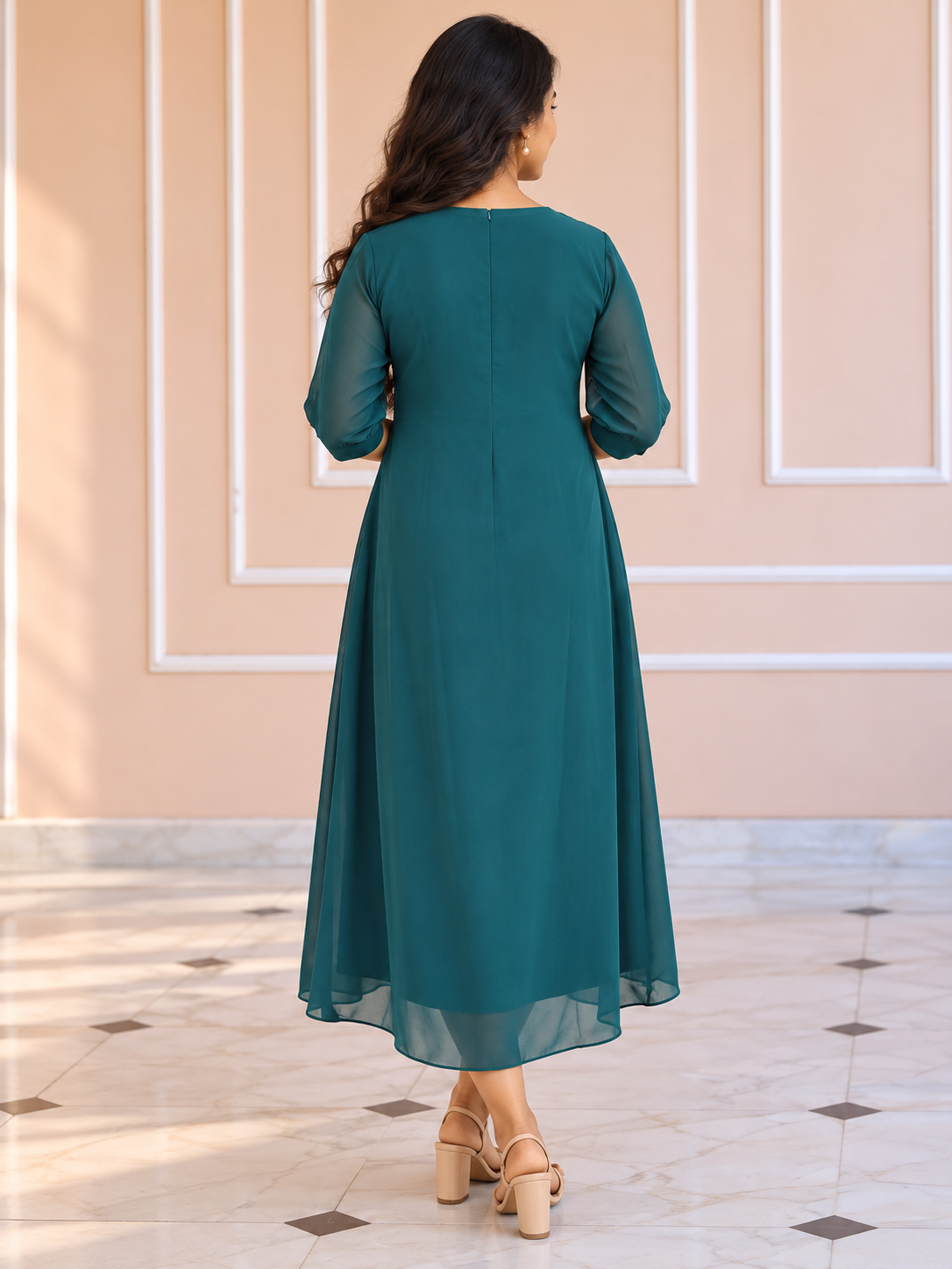 Dusty green shaded georgette Aline kurti handworked neckline MBS-1446 **Ready to dispatch**