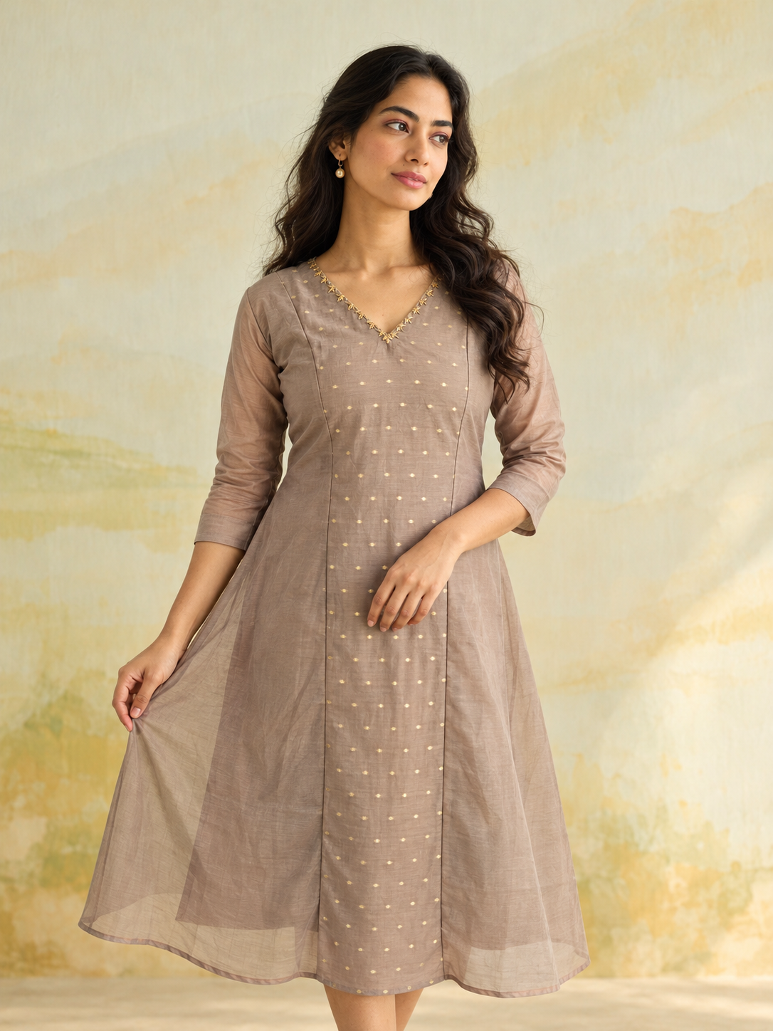 Dark beige shaded viscose mul chanderi panel cut Aline kurti with handworked neckline MBS-1505