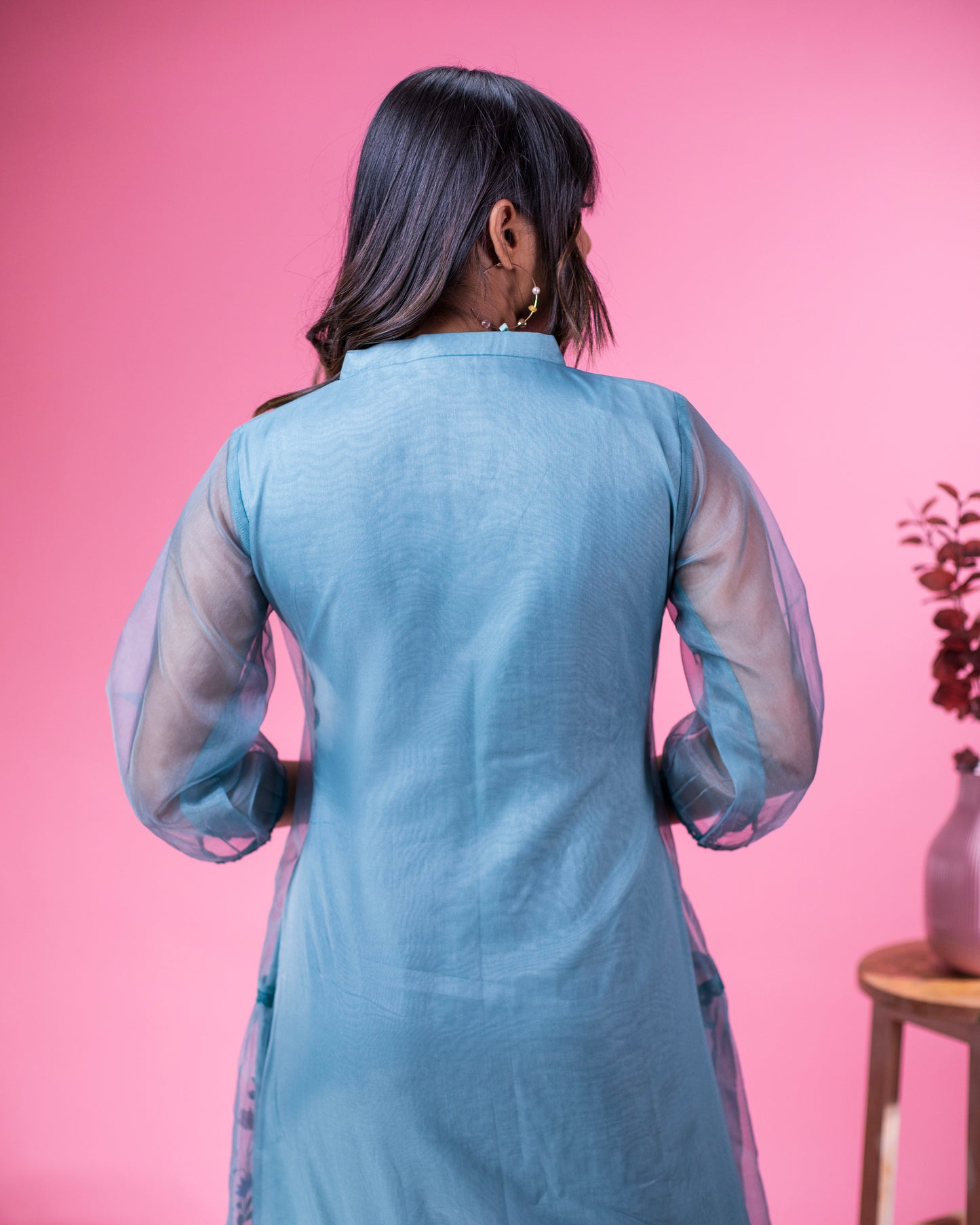 Chinese blue organza dress with multi shaded thread work and crochet lace detailing MBS-340