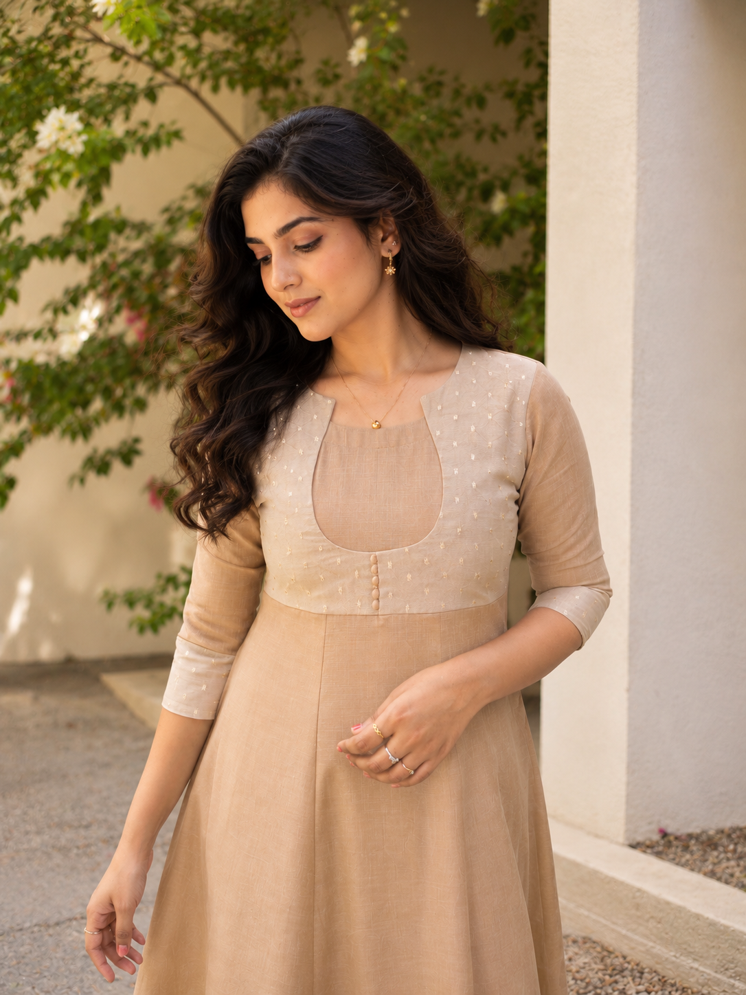 Beige cotton slub panelled Kurti with tissue organza yoke MBS-1247 **Ready to dispatch**