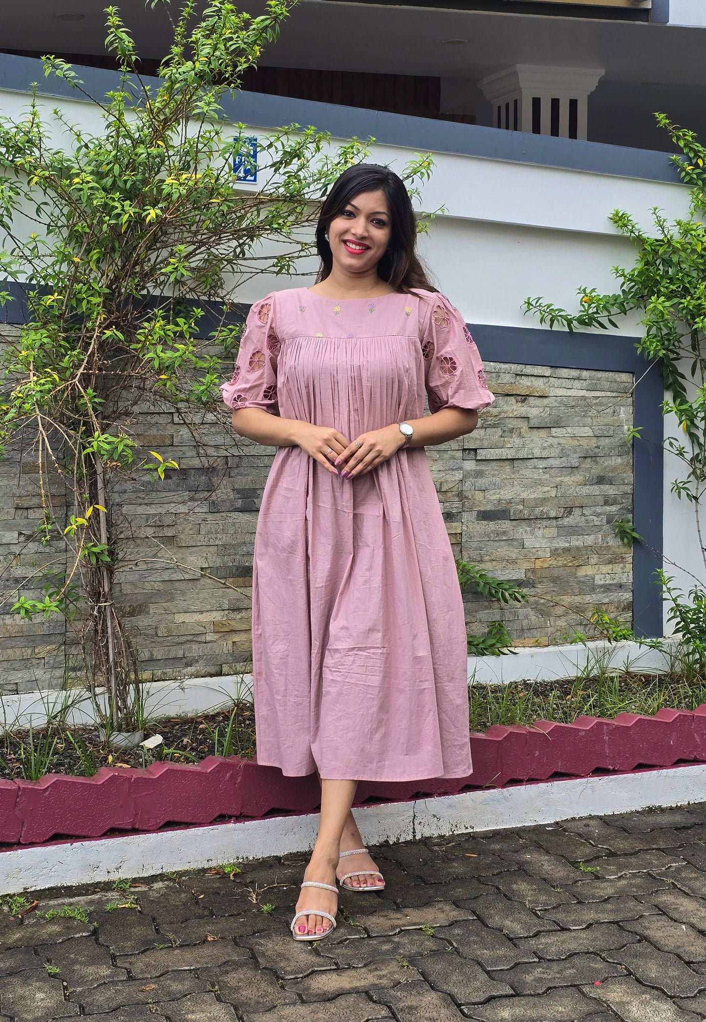 Mauve shaded ultra soft mul cotton dress/kurti with cutworked sleeves and thread worked yoke MBS-420 **Ready to dispatch**