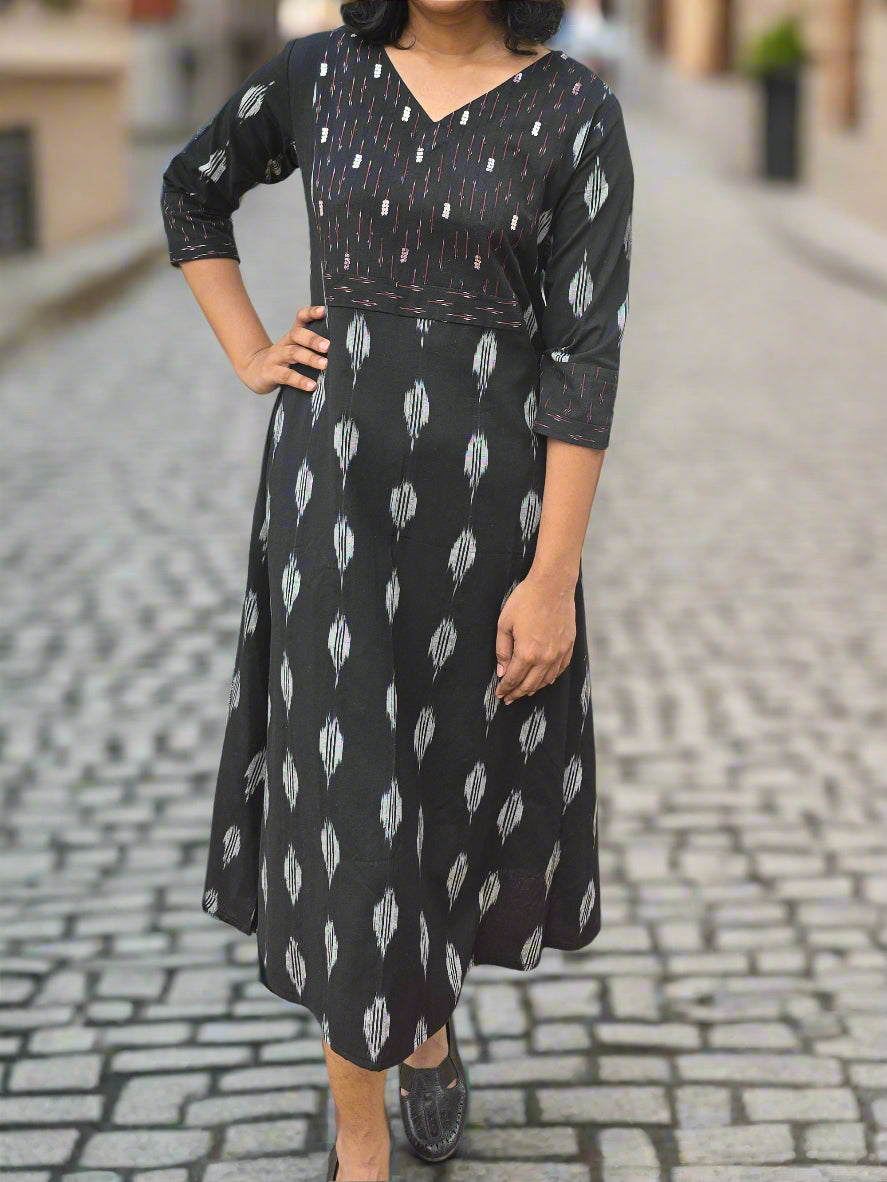 BLACK IKKAT COTTON KURTI/DRESS WITH HANDWORKED YOKE MBS-546 ***READY TO DISPATCH***