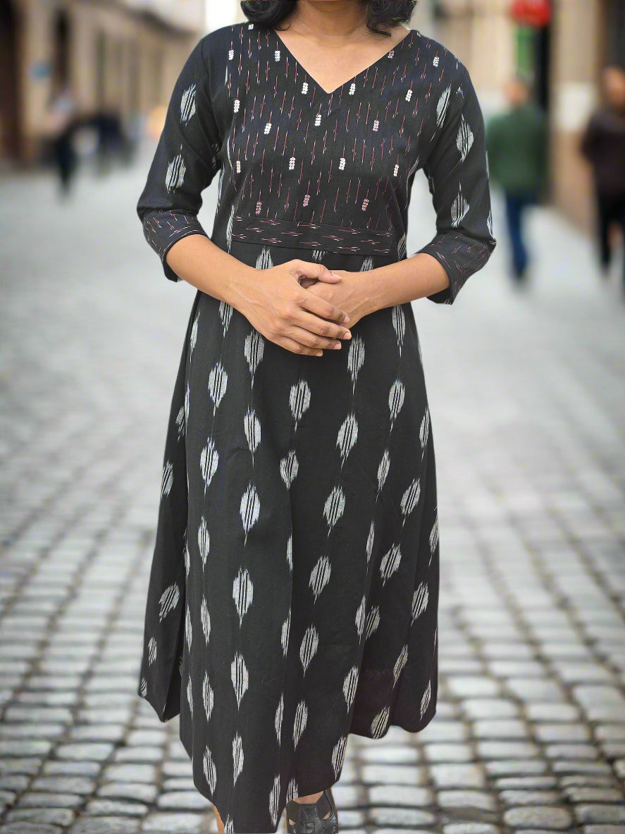 BLACK IKKAT COTTON KURTI/DRESS WITH HANDWORKED YOKE MBS-546 ***READY TO DISPATCH***