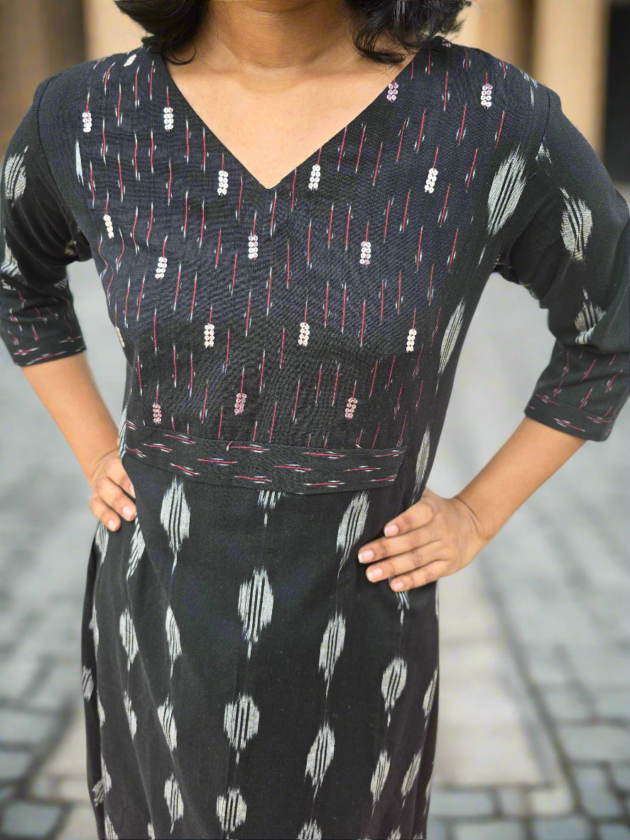 BLACK IKKAT COTTON KURTI/DRESS WITH HANDWORKED YOKE MBS-546 ***READY TO DISPATCH***