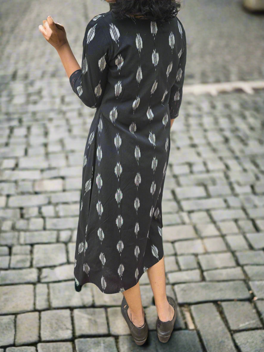 BLACK IKKAT COTTON KURTI/DRESS WITH HANDWORKED YOKE MBS-546 ***READY TO DISPATCH***