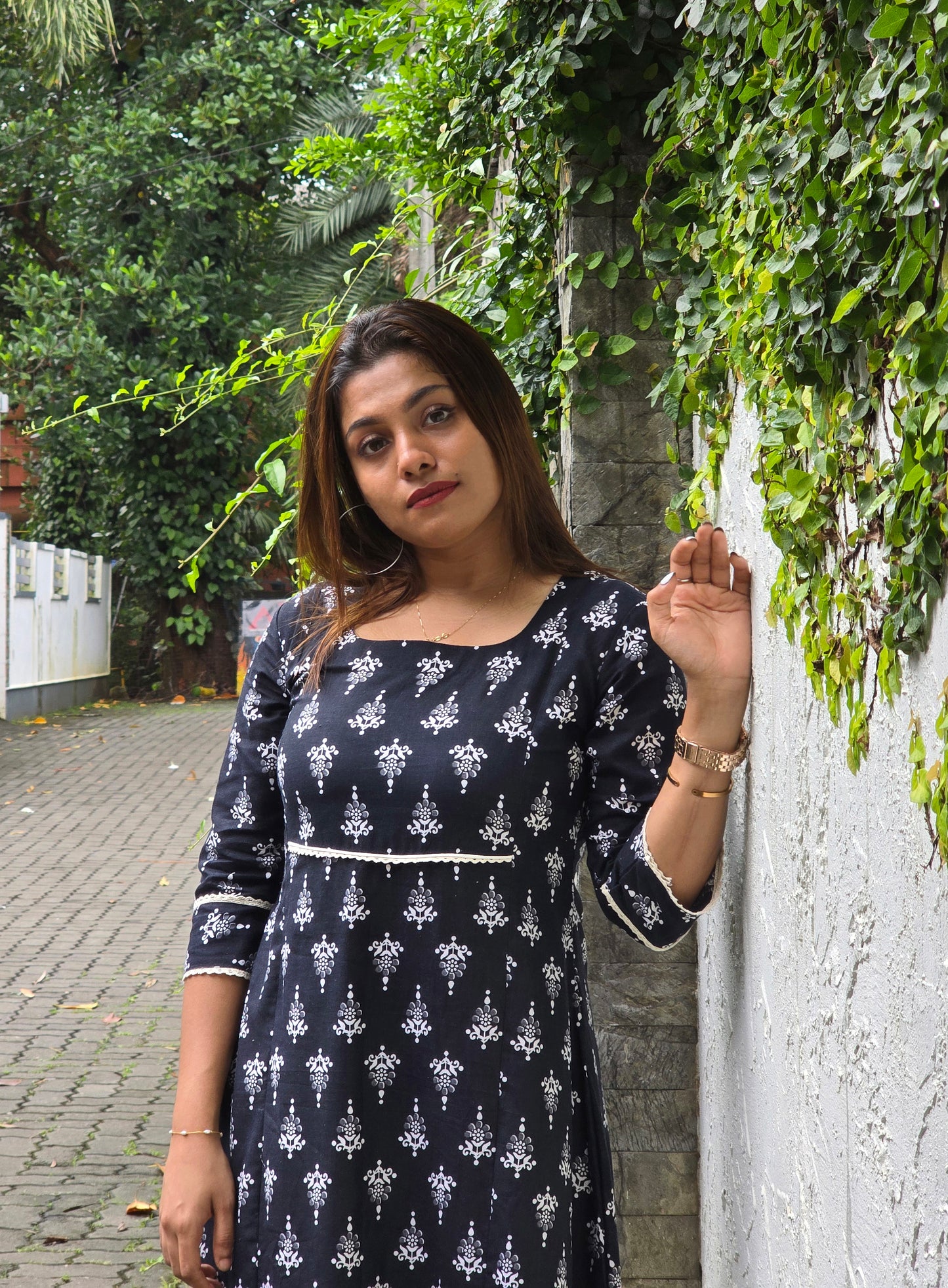 Black soft cotton floral printed kurti with lace detailed yoke and sleeves MBS-655 **Ready to dispatch**