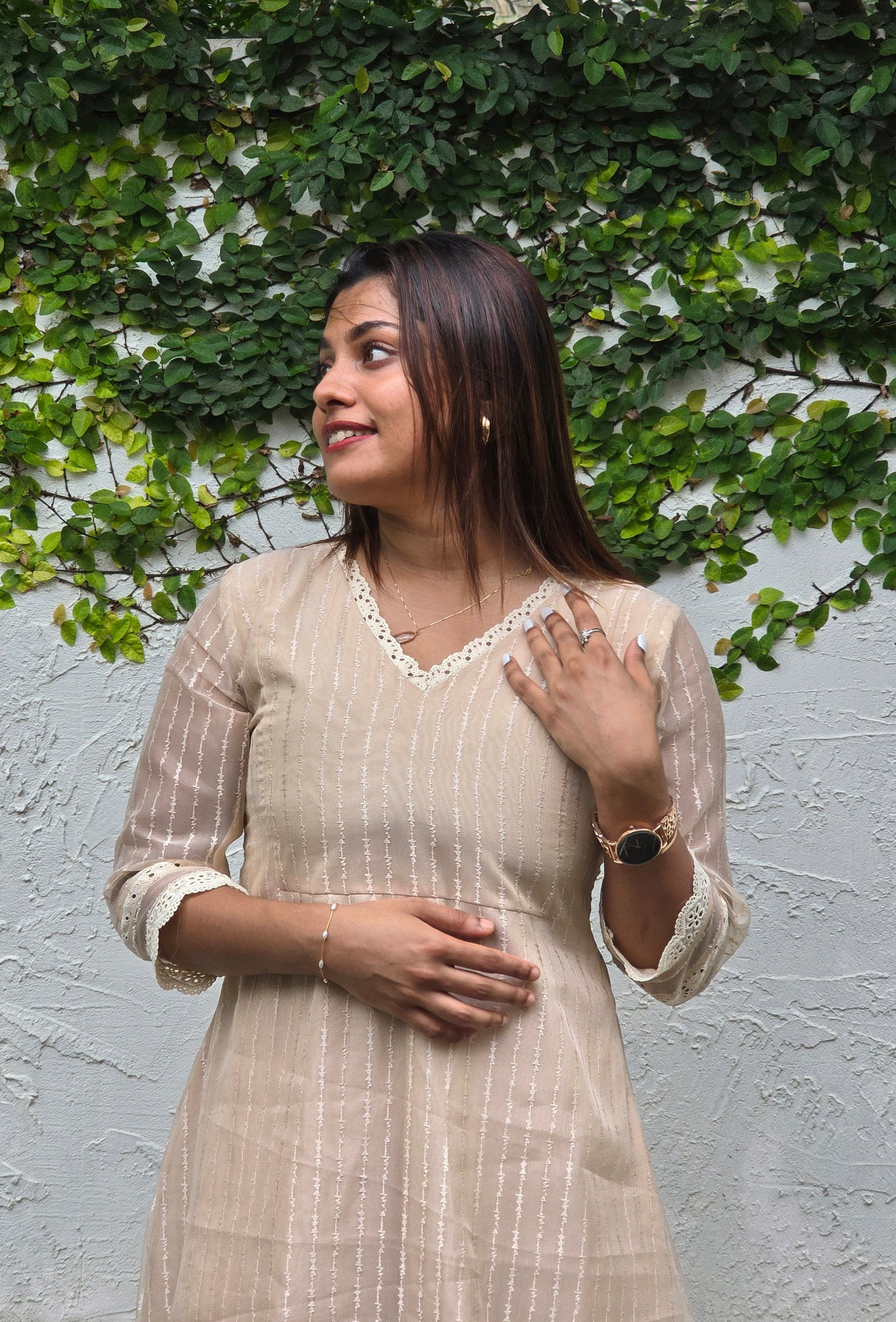 Beige shaded Schiffli organza kurti/dress with crochet lace detailings MBS-613
