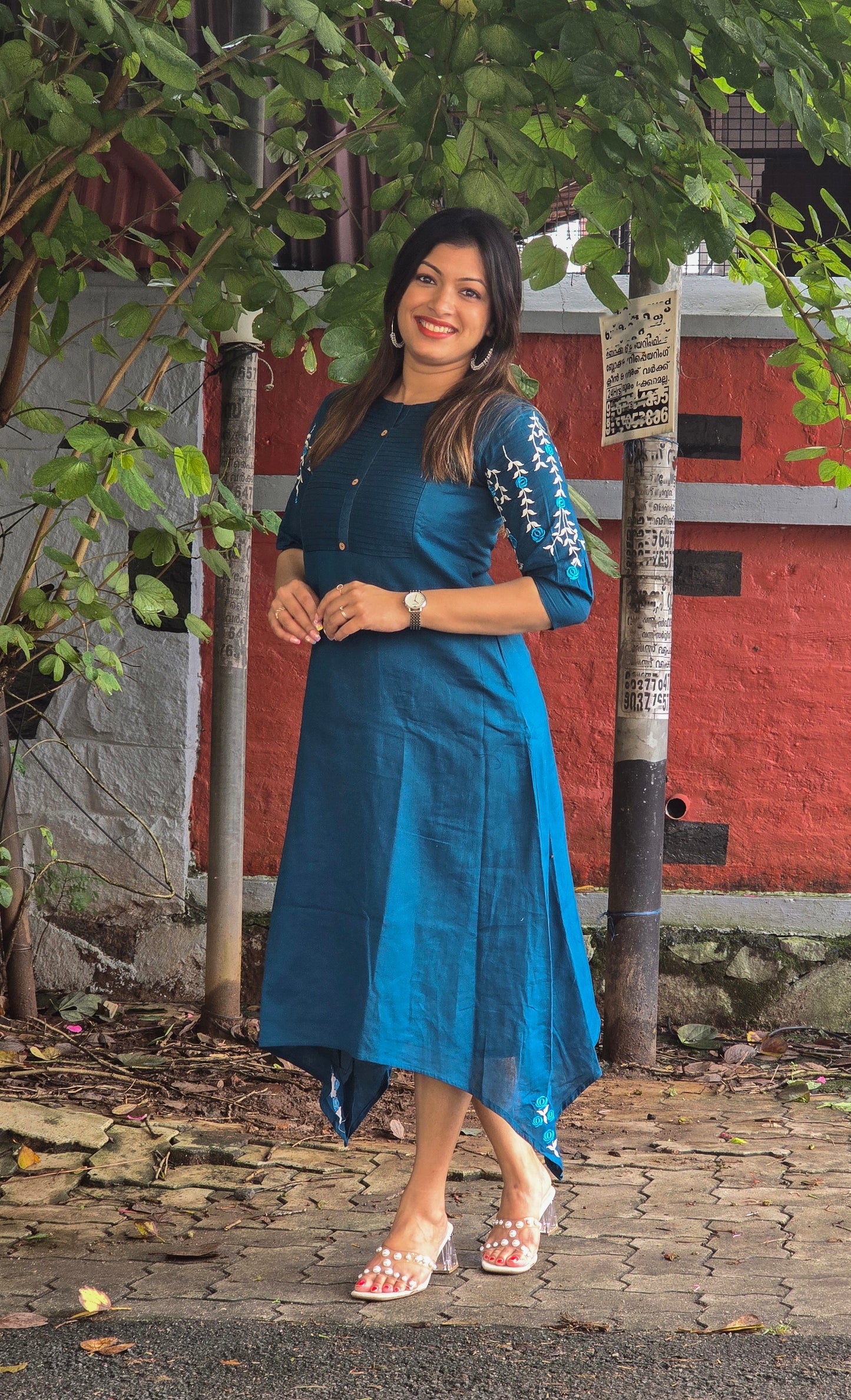 Blue shaded cotton flex kurti with pleated yoke and embroidery detailing on sleeves and hemline MBS-675