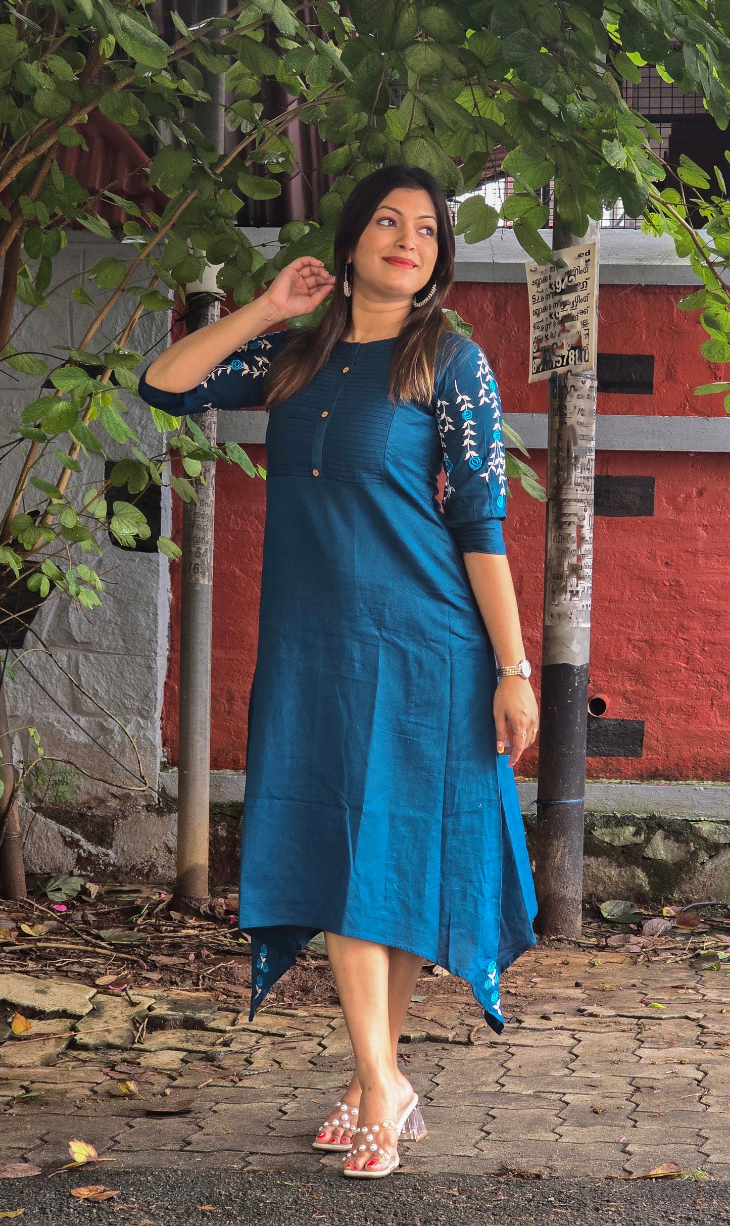 Blue shaded cotton flex kurti with pleated yoke and embroidery detailing on sleeves and hemline MBS-675