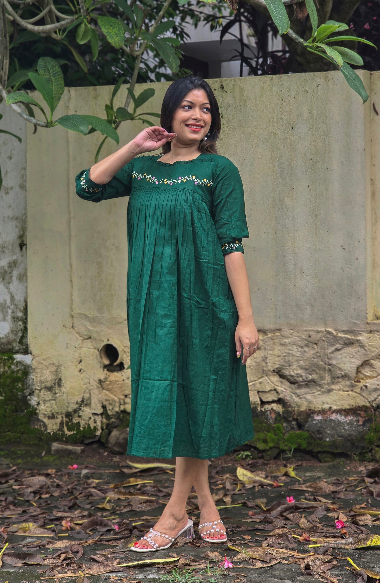 Green shaded cotton flex Aline kurti with frilled yoke and thread embroidered detailings MBS-676