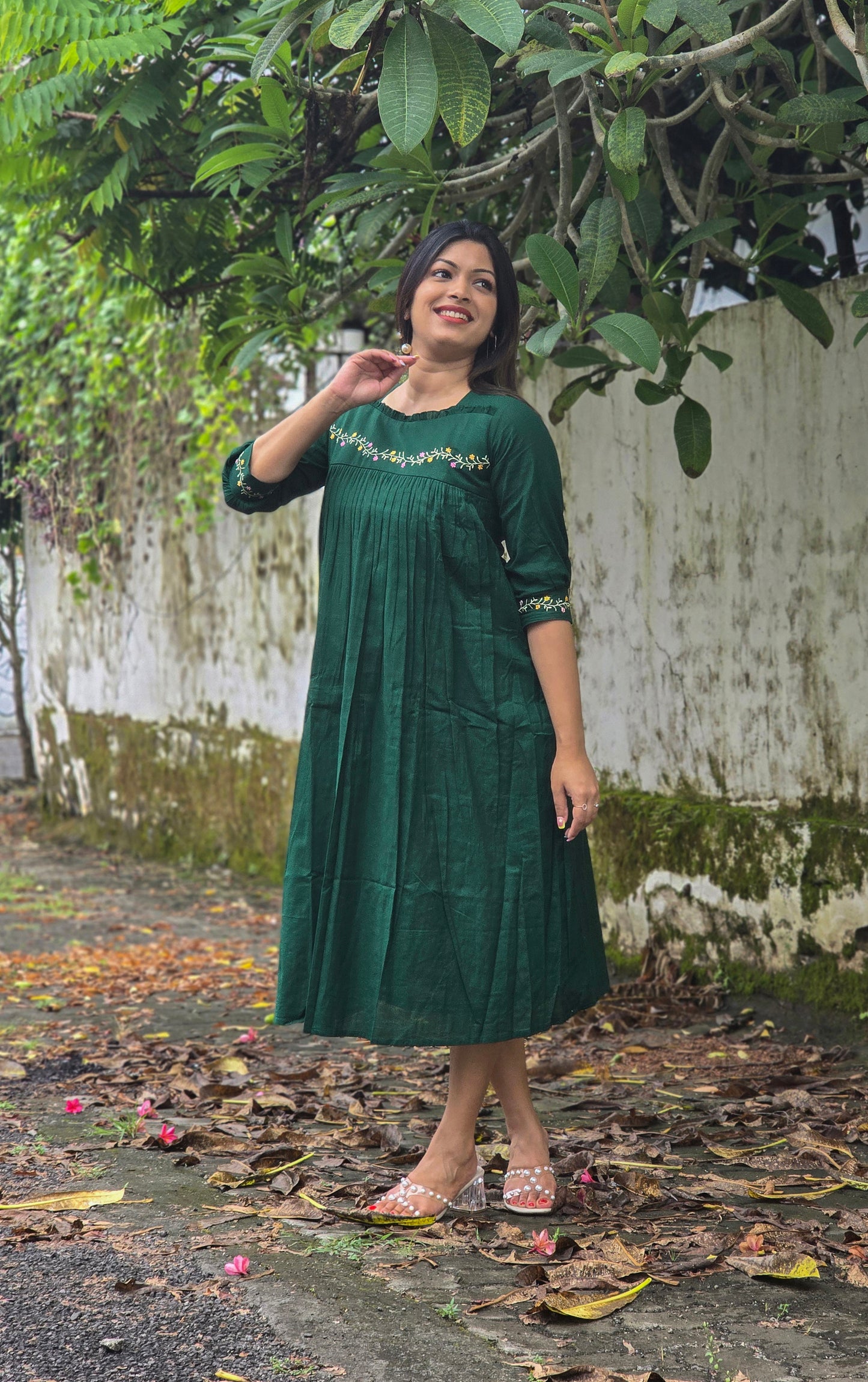 Green shaded cotton flex Aline kurti with frilled yoke and thread embroidered detailings MBS-676