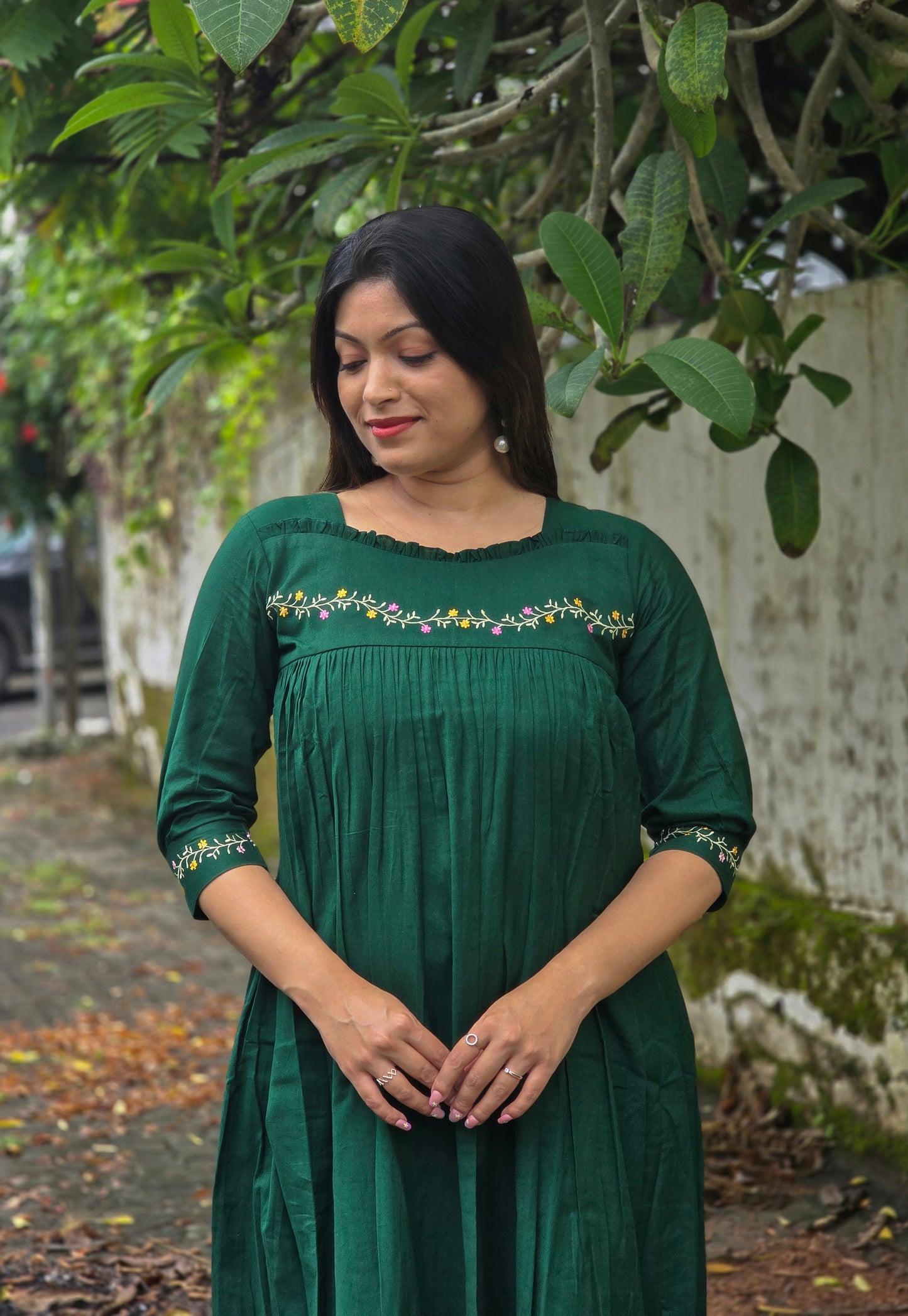 Green shaded cotton flex Aline kurti with frilled yoke and thread embroidered detailings MBS-676