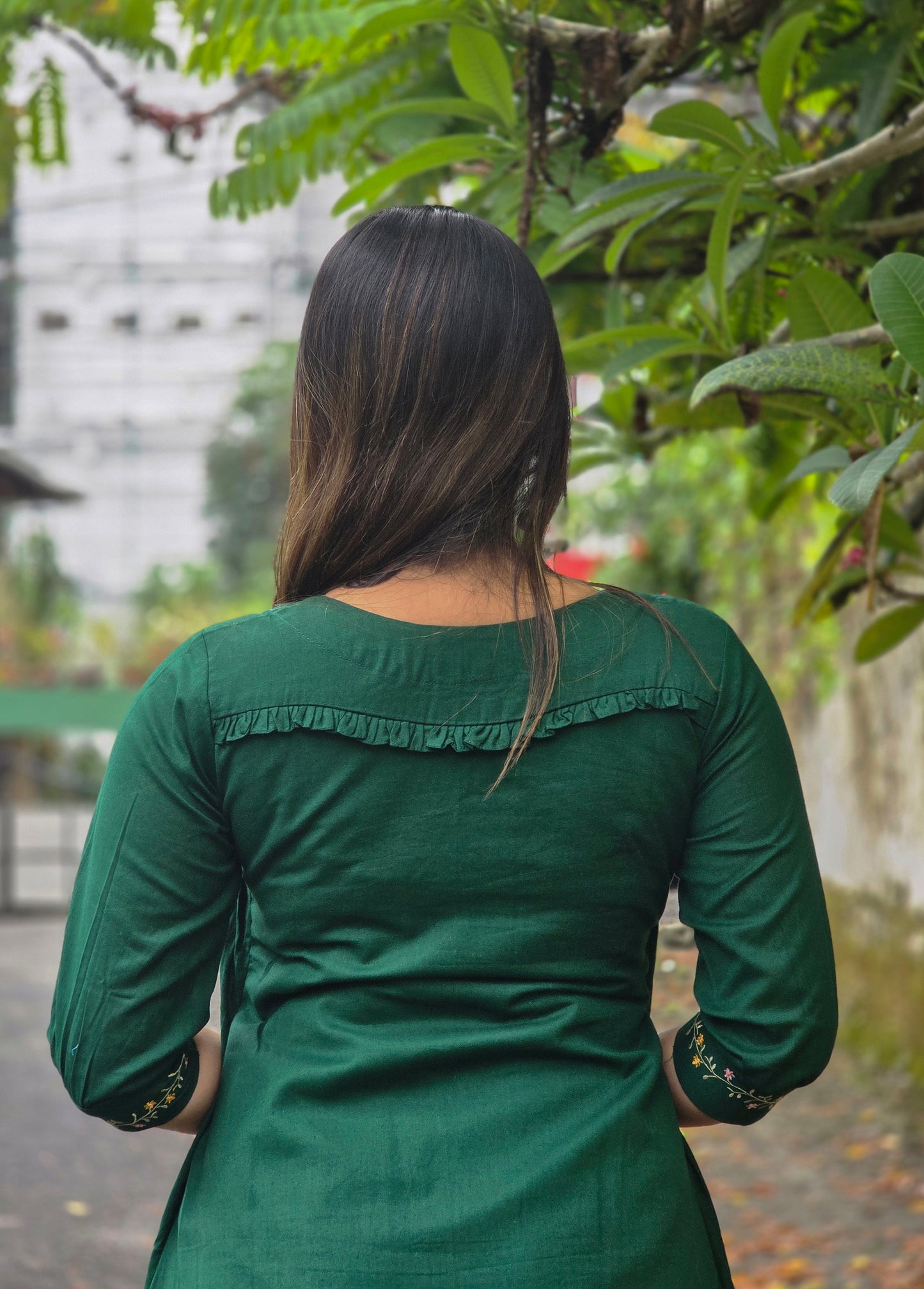 Green shaded cotton flex Aline kurti with frilled yoke and thread embroidered detailings MBS-676