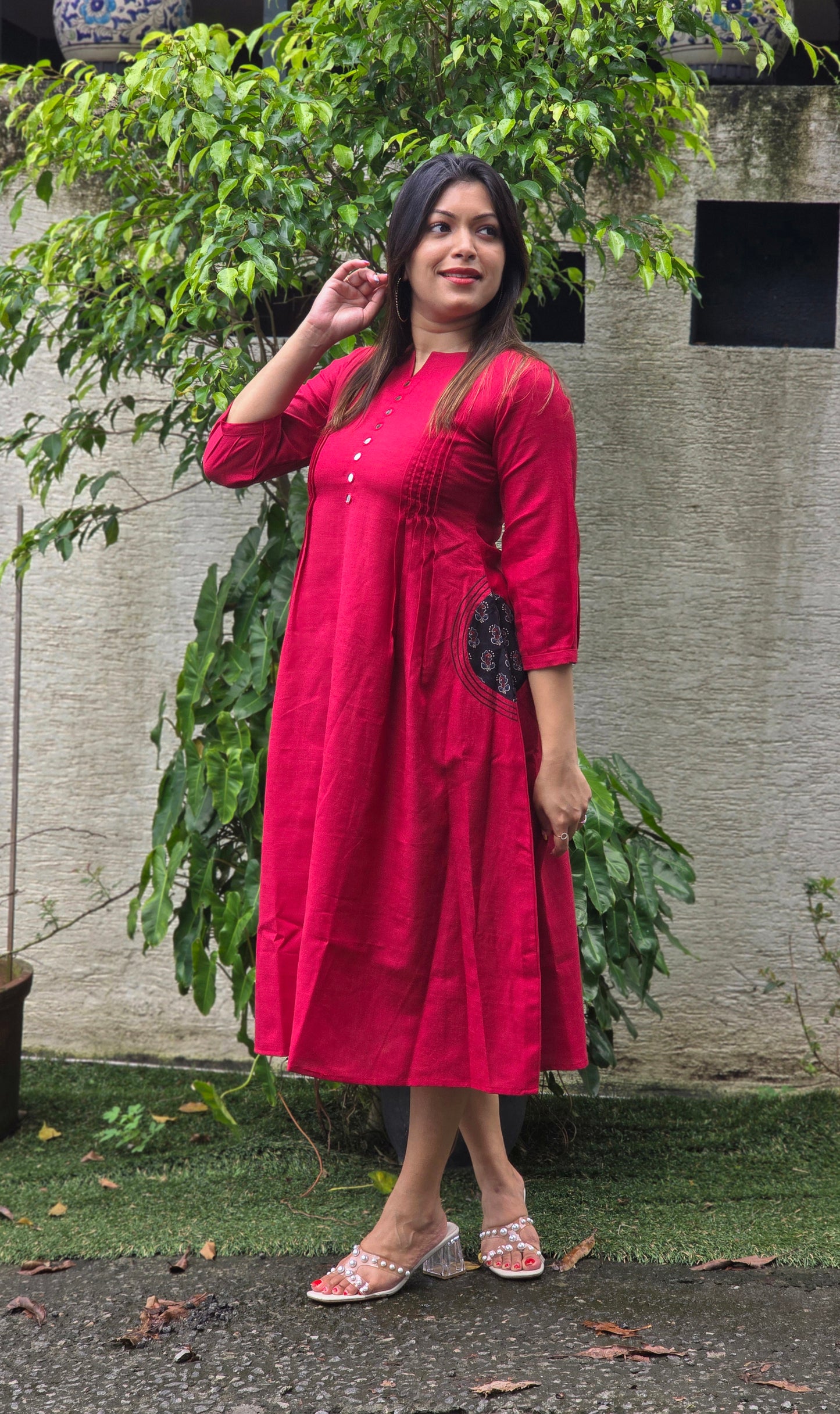 Maroon shaded cotton Aline kurti with mirror handworked yoke MBS-674