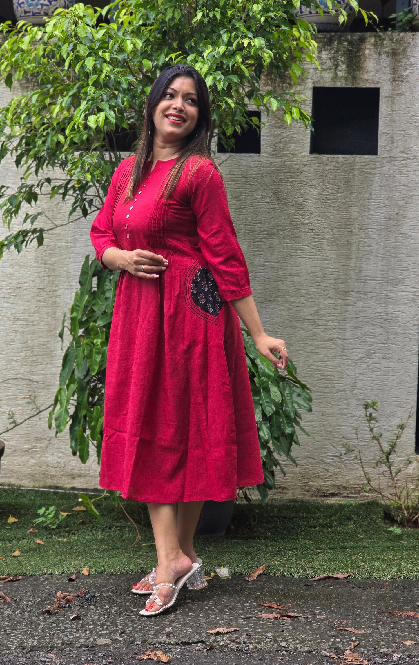 Maroon shaded cotton Aline kurti with mirror handworked yoke MBS-674