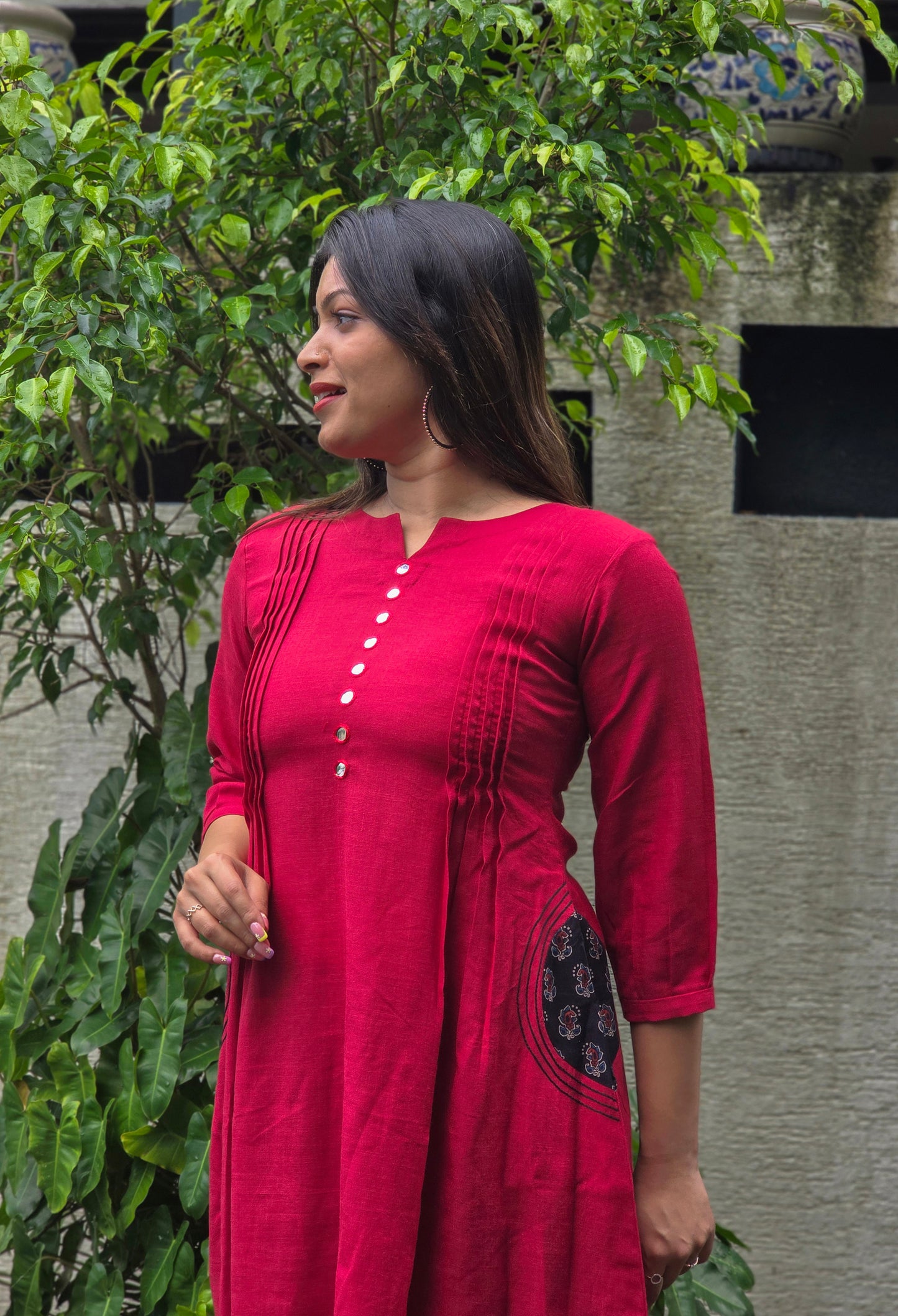 Maroon shaded cotton Aline kurti with mirror handworked yoke MBS-674