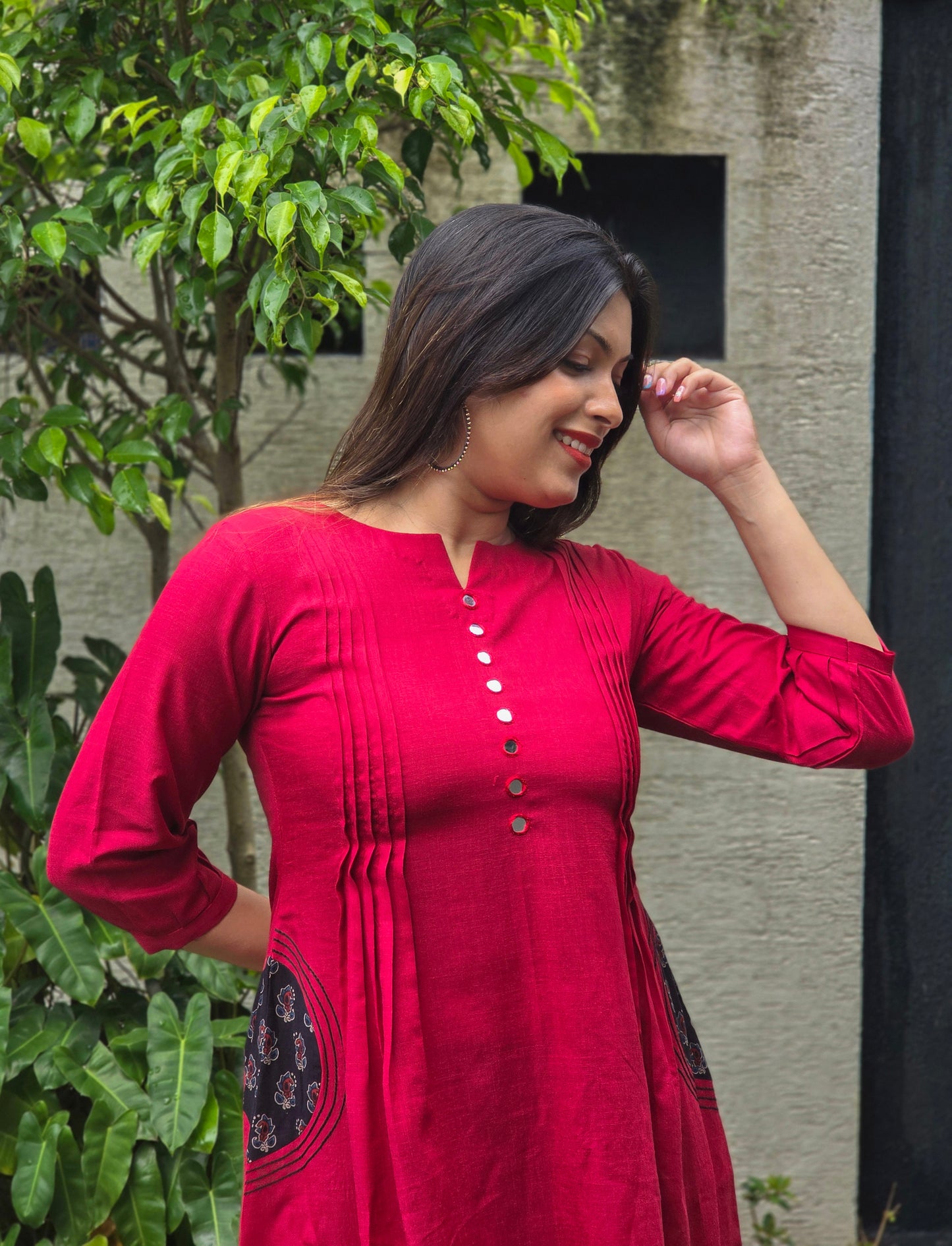 Maroon shaded cotton Aline kurti with mirror handworked yoke MBS-674