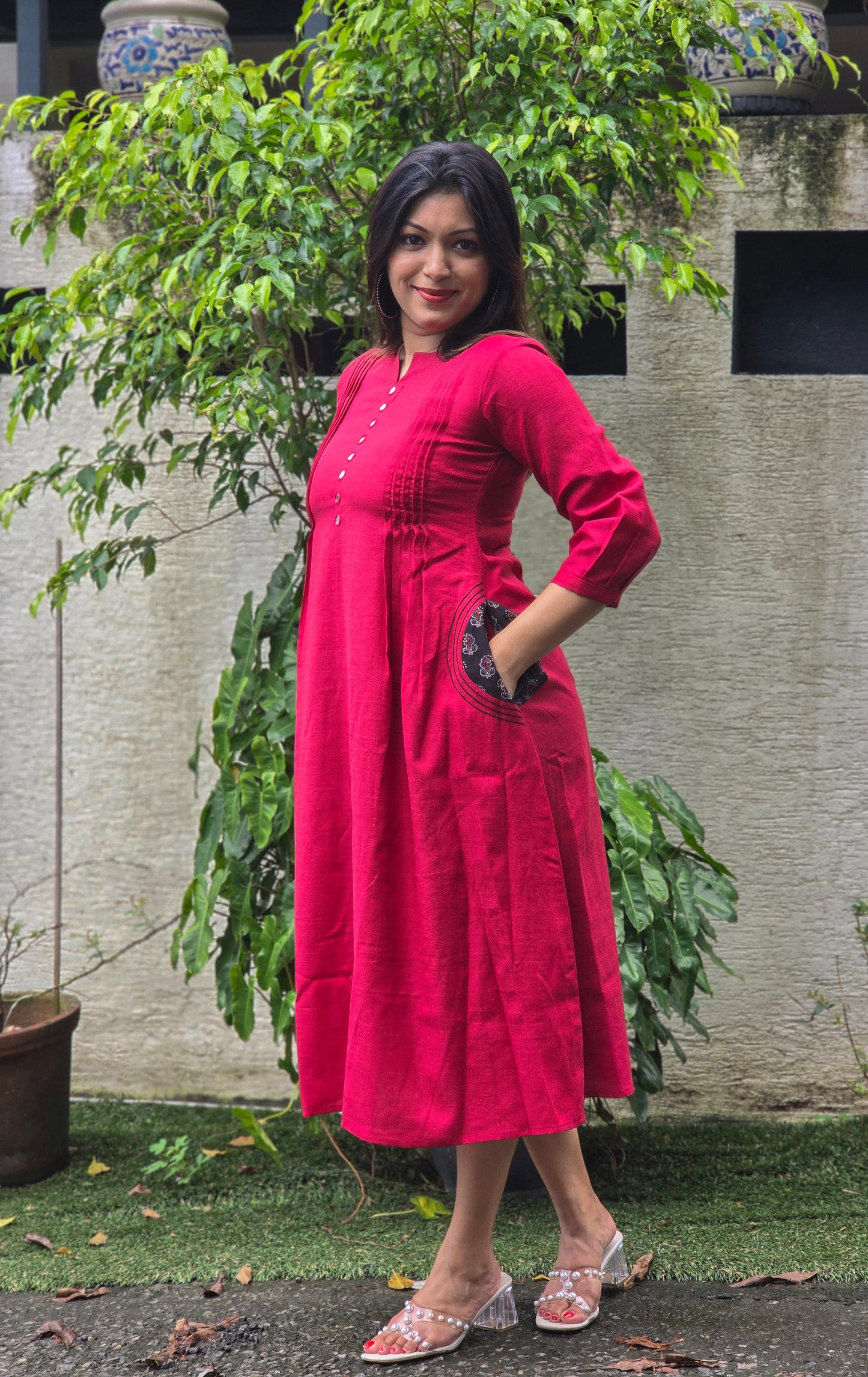 Maroon shaded cotton Aline kurti with mirror handworked yoke MBS-674