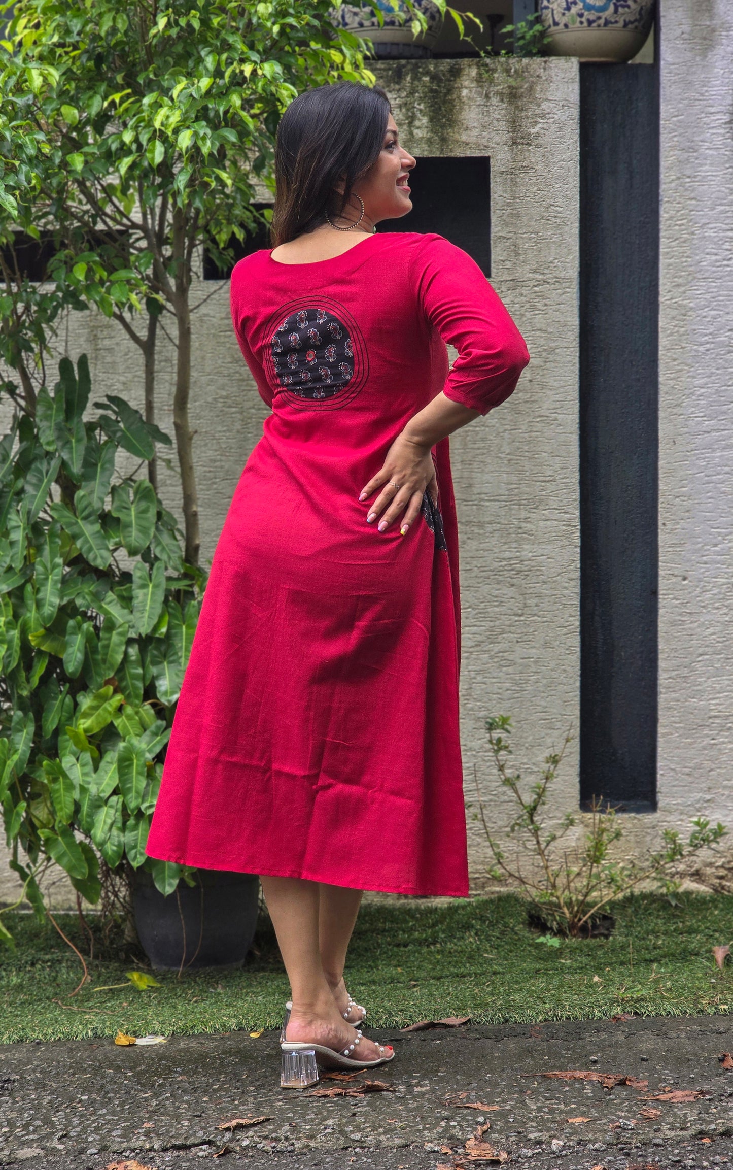 Maroon shaded cotton Aline kurti with mirror handworked yoke MBS-674
