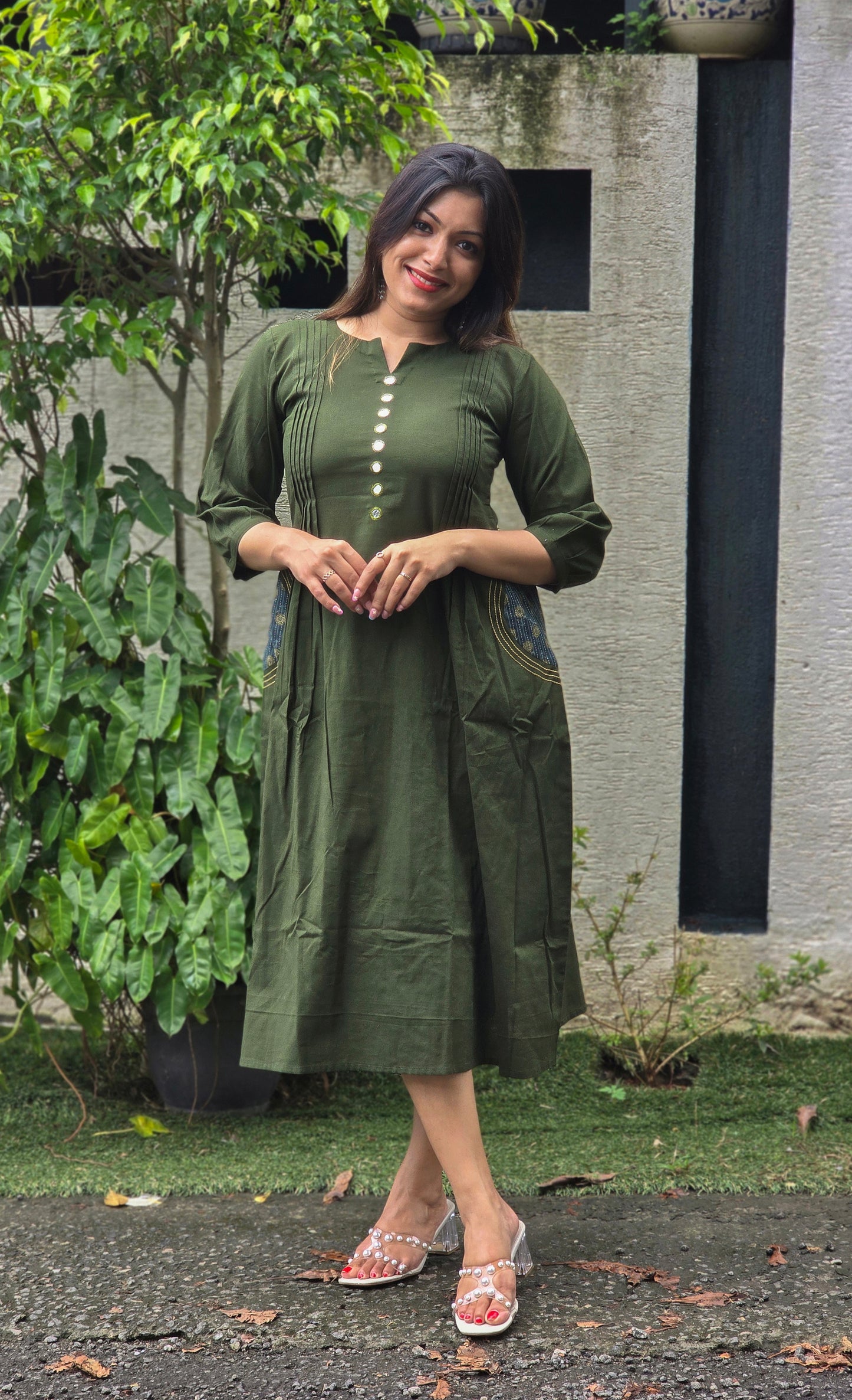 Green shaded cotton Aline kurti with mirror handworked yoke MBS-673