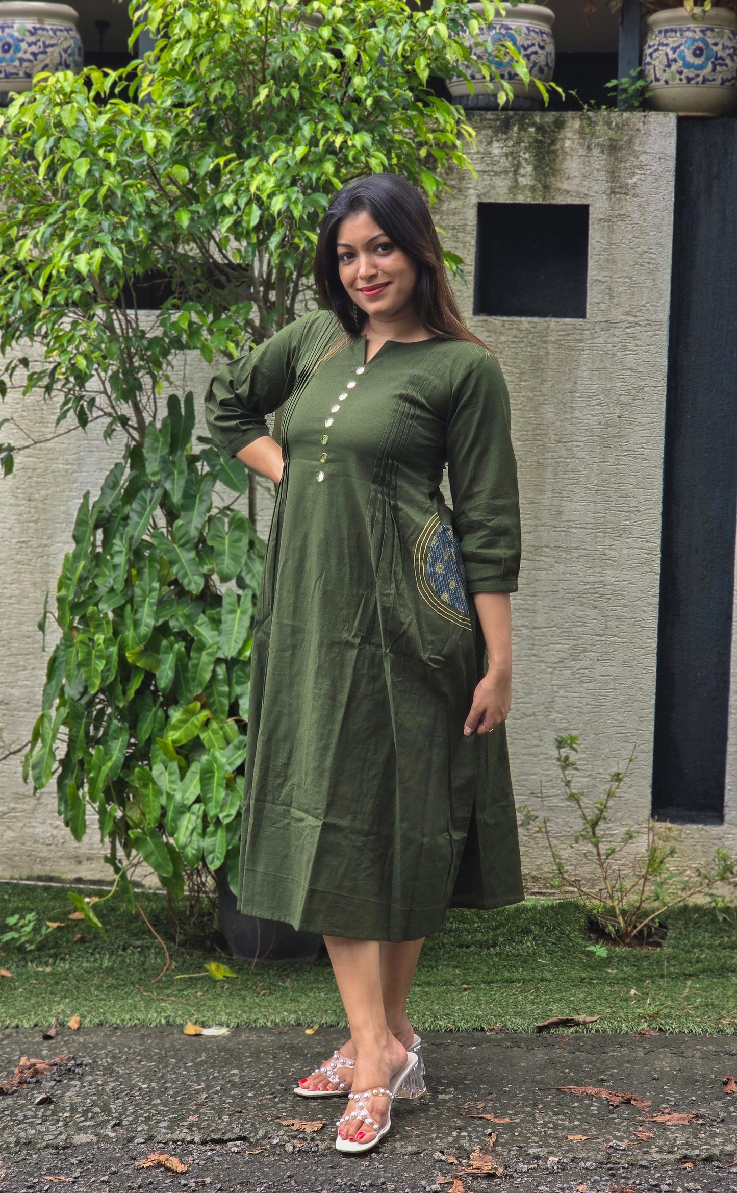 Green shaded cotton Aline kurti with mirror handworked yoke MBS-673