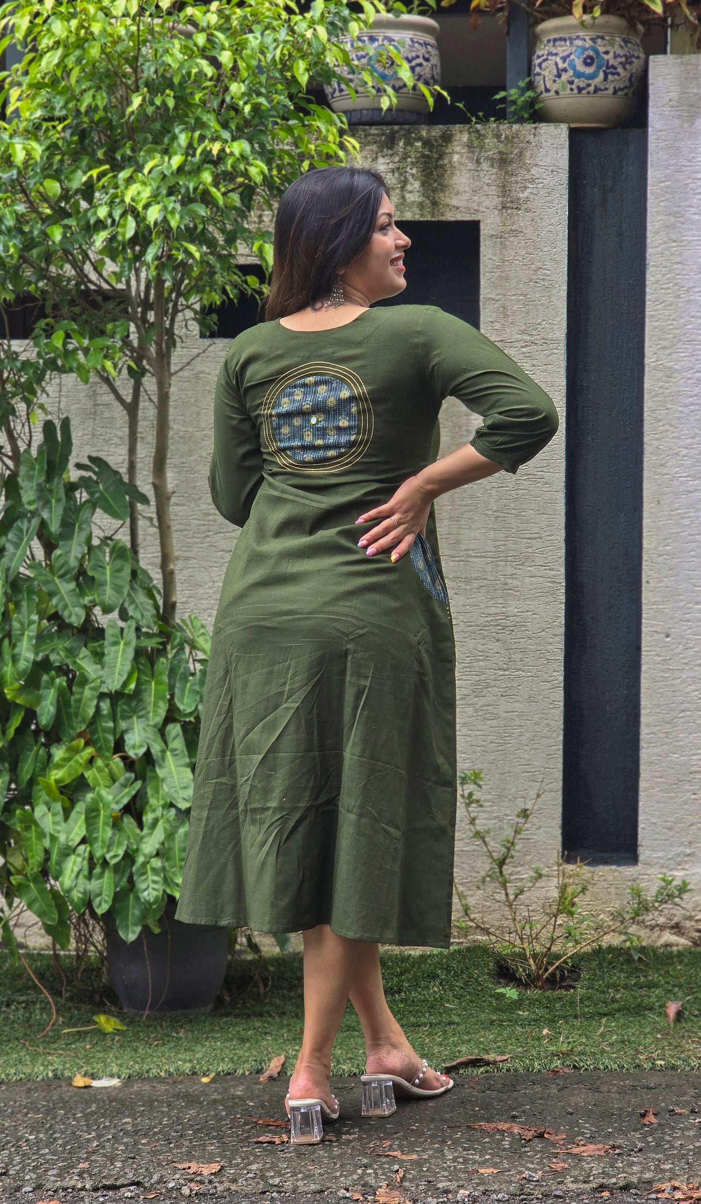 Green shaded cotton Aline kurti with mirror handworked yoke MBS-673