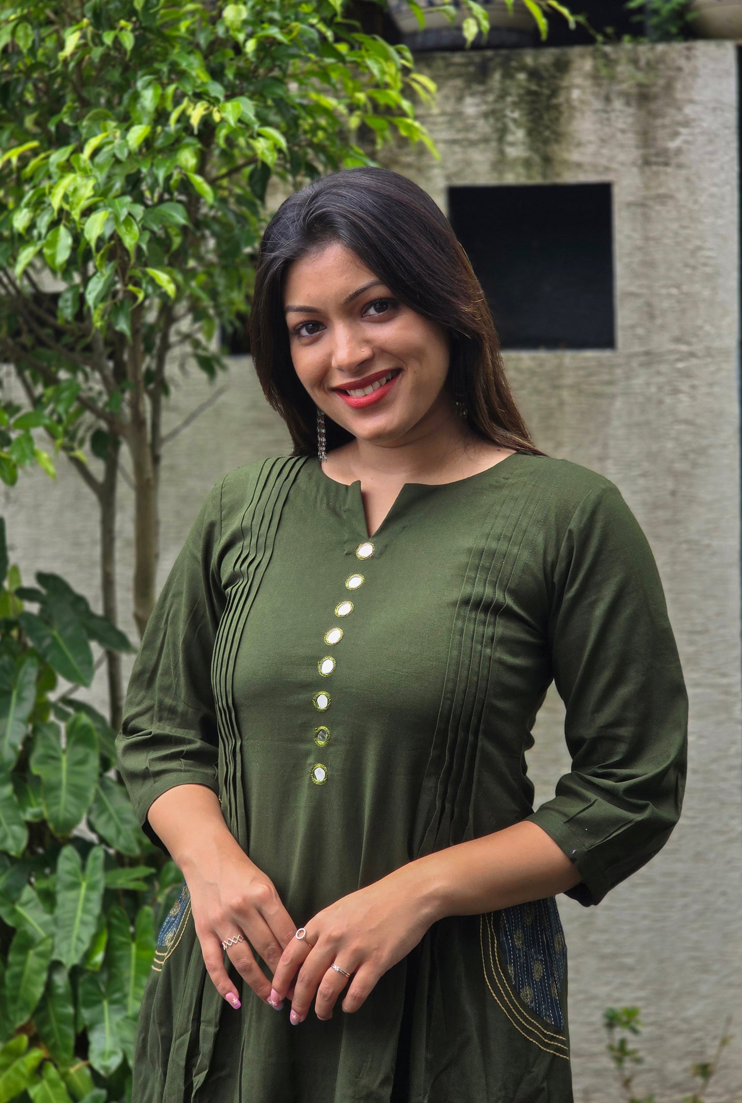 Green shaded cotton Aline kurti with mirror handworked yoke MBS-673