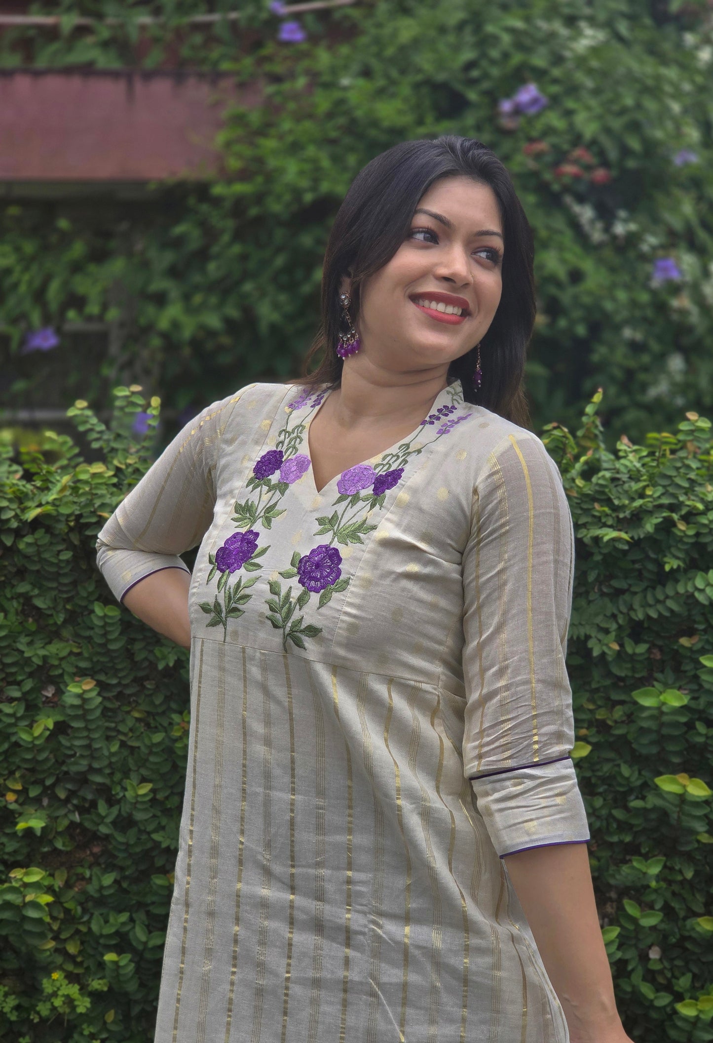 Off white shaded kora cotton A-line kurti with floral embroidered yoke with dupatta MBS-762