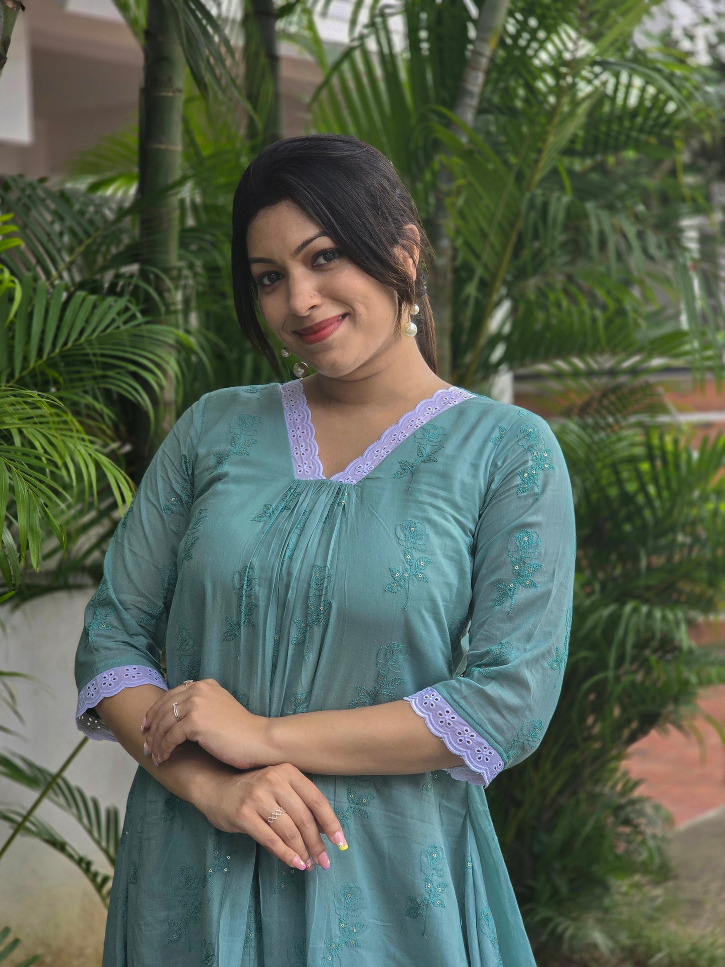 Seafoam shaded mul cotton Aline dress/kurti with self threaded floral embroidery MBS-667 **ready to dispatch**