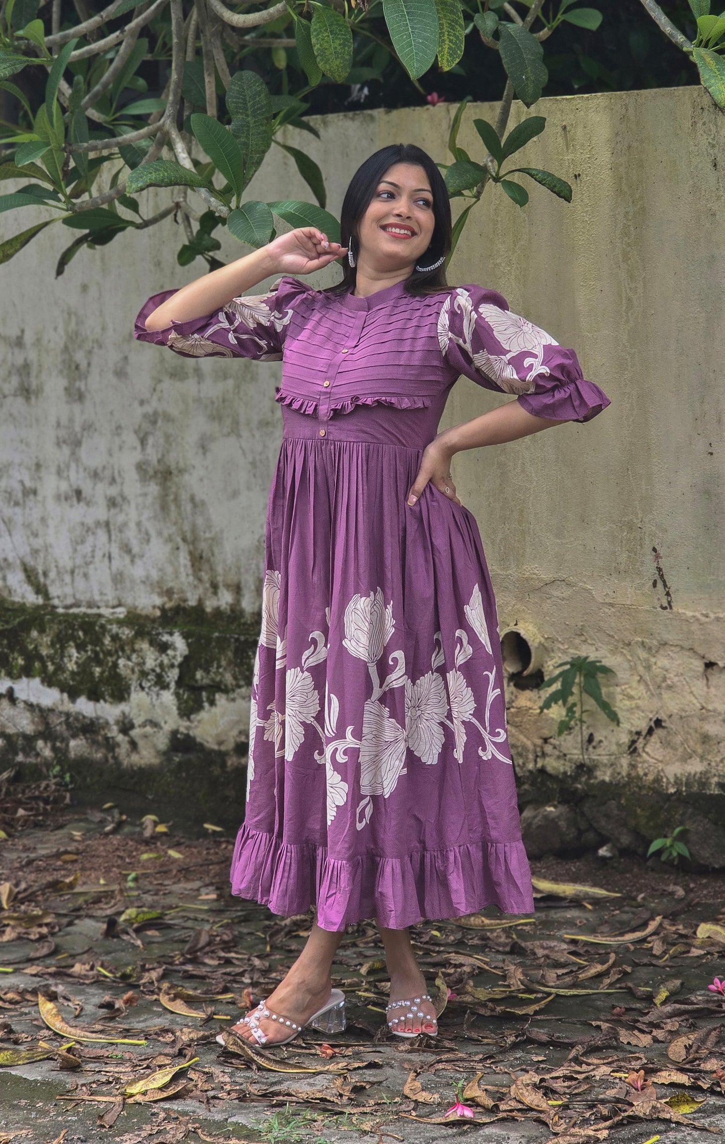 Tropical printed cotton frock or dress with pleats and frills with crepe lining in mauve shade MBS-671 **ready to dispatch**