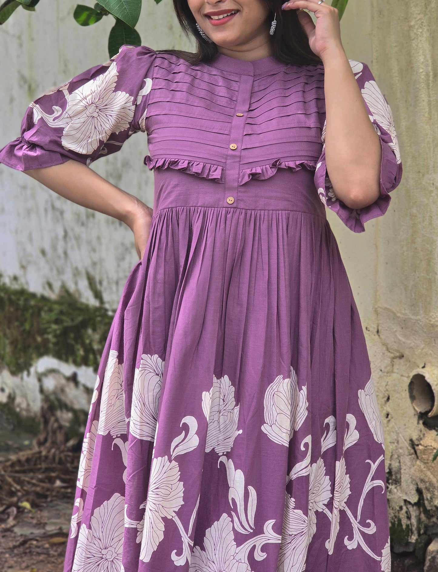 Tropical printed cotton frock or dress with pleats and frills with crepe lining in mauve shade MBS-671 **ready to dispatch**