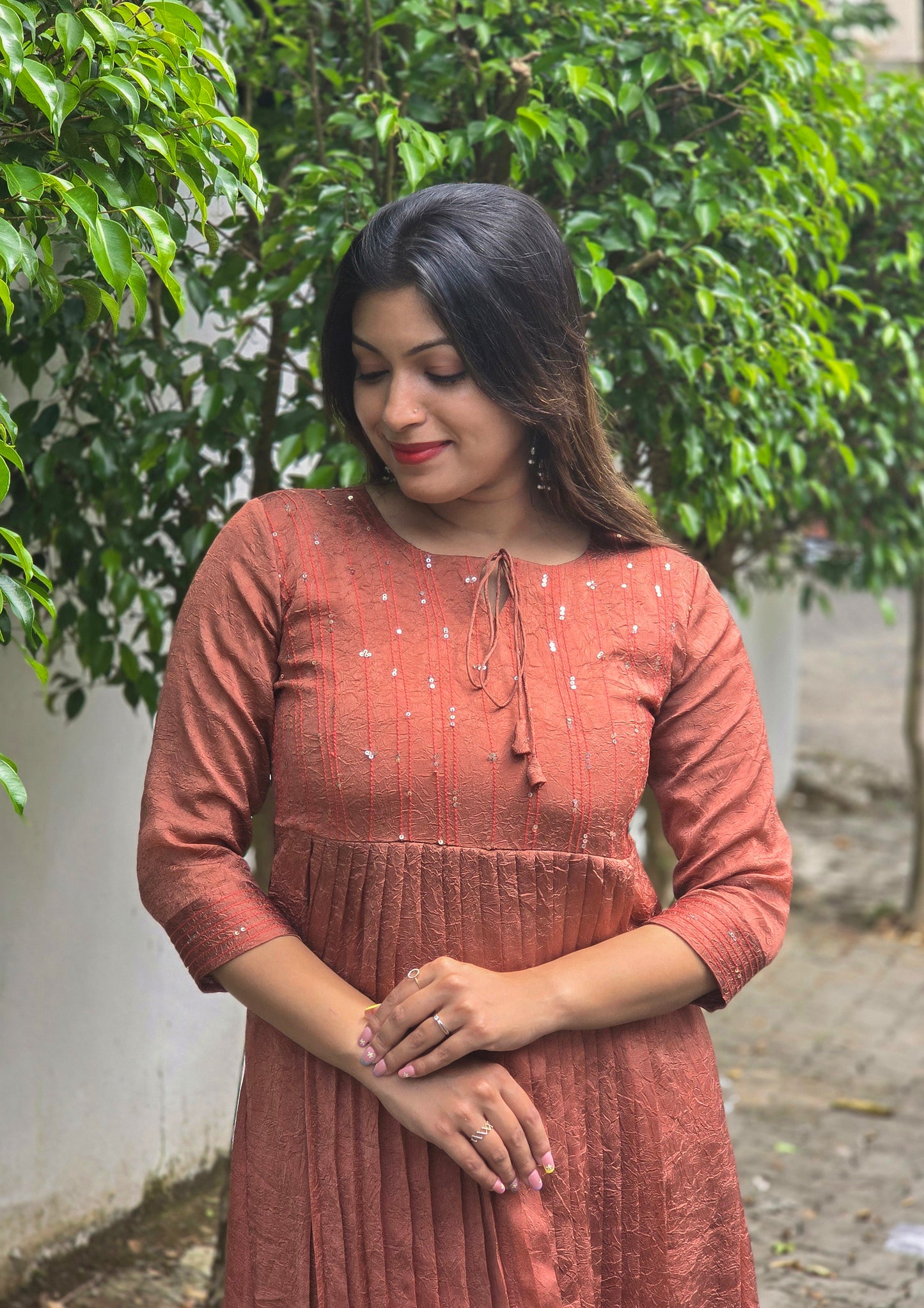 Copper shaded crackled georgette Aline kurti with anchor thread and sequins detailed yoke MBS-755