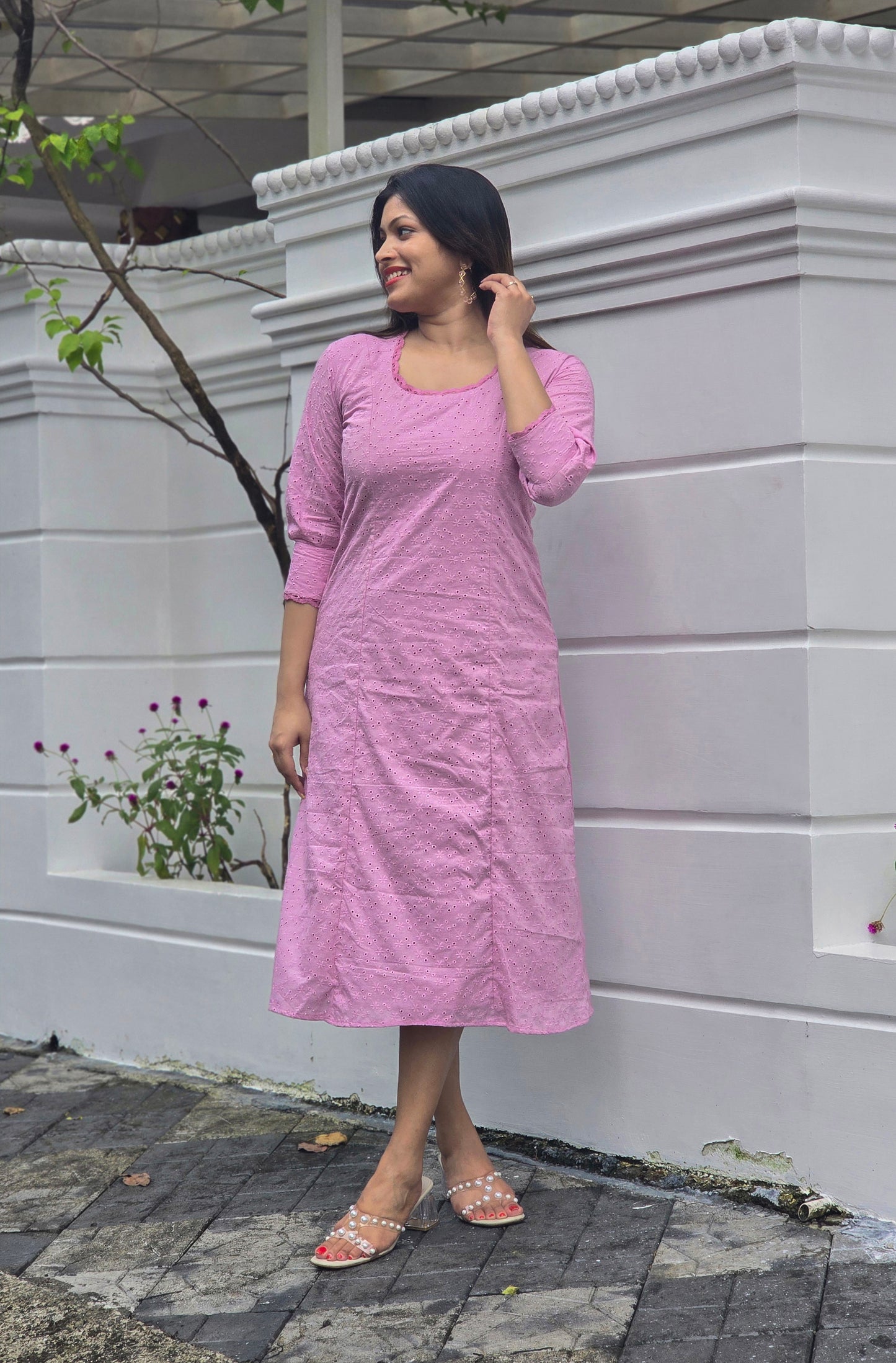 Pink hacoba dress/kurti with lace detailed yoke and sleeves MBS-657
