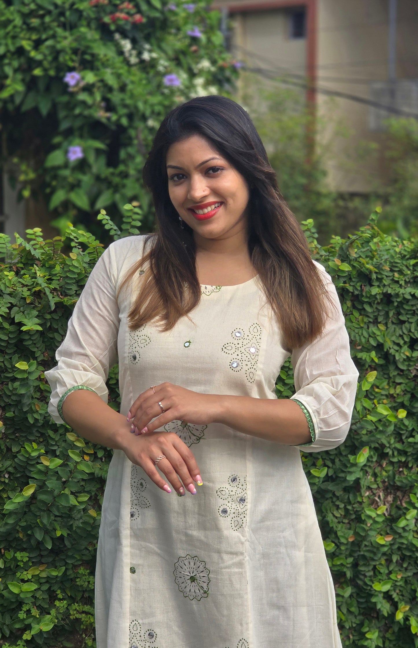 Kora cotton Aline kurti with thread and mirror worked panel MBS-758