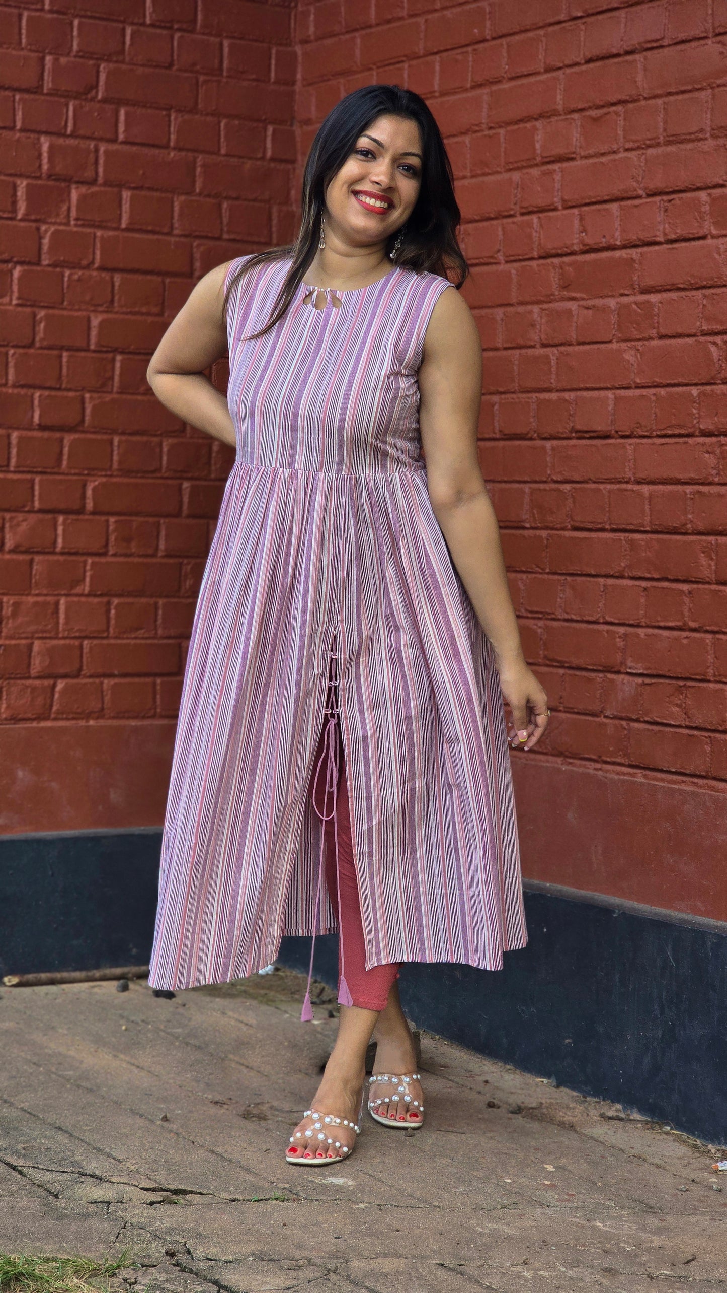 Multicoloured striped cotton kurti with keyhole neck and front slit with loop MBS-658 *** Ready to dispatch***