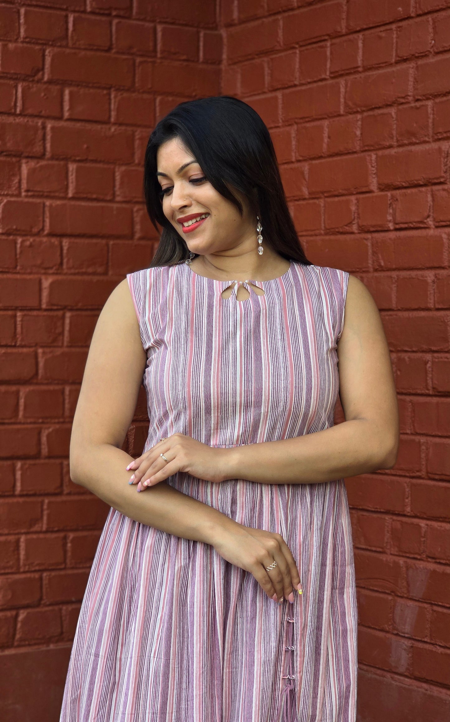 Multicoloured striped cotton kurti with keyhole neck and front slit with loop MBS-658 *** Ready to dispatch***
