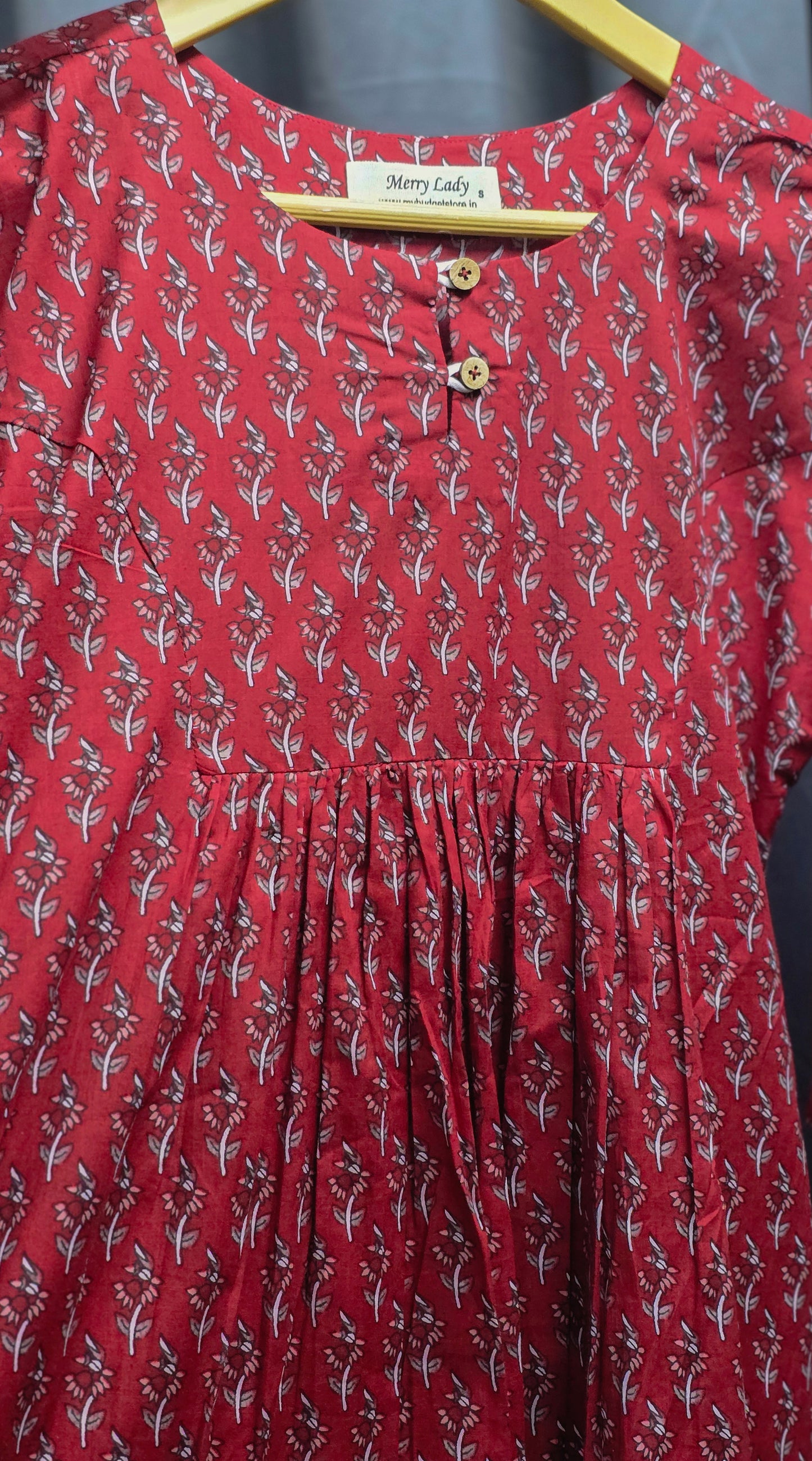 Floral printed cotton Aline kurti with princess cut yoke and gathers in maroon shade MBS-680 ** Ready to dispatch **