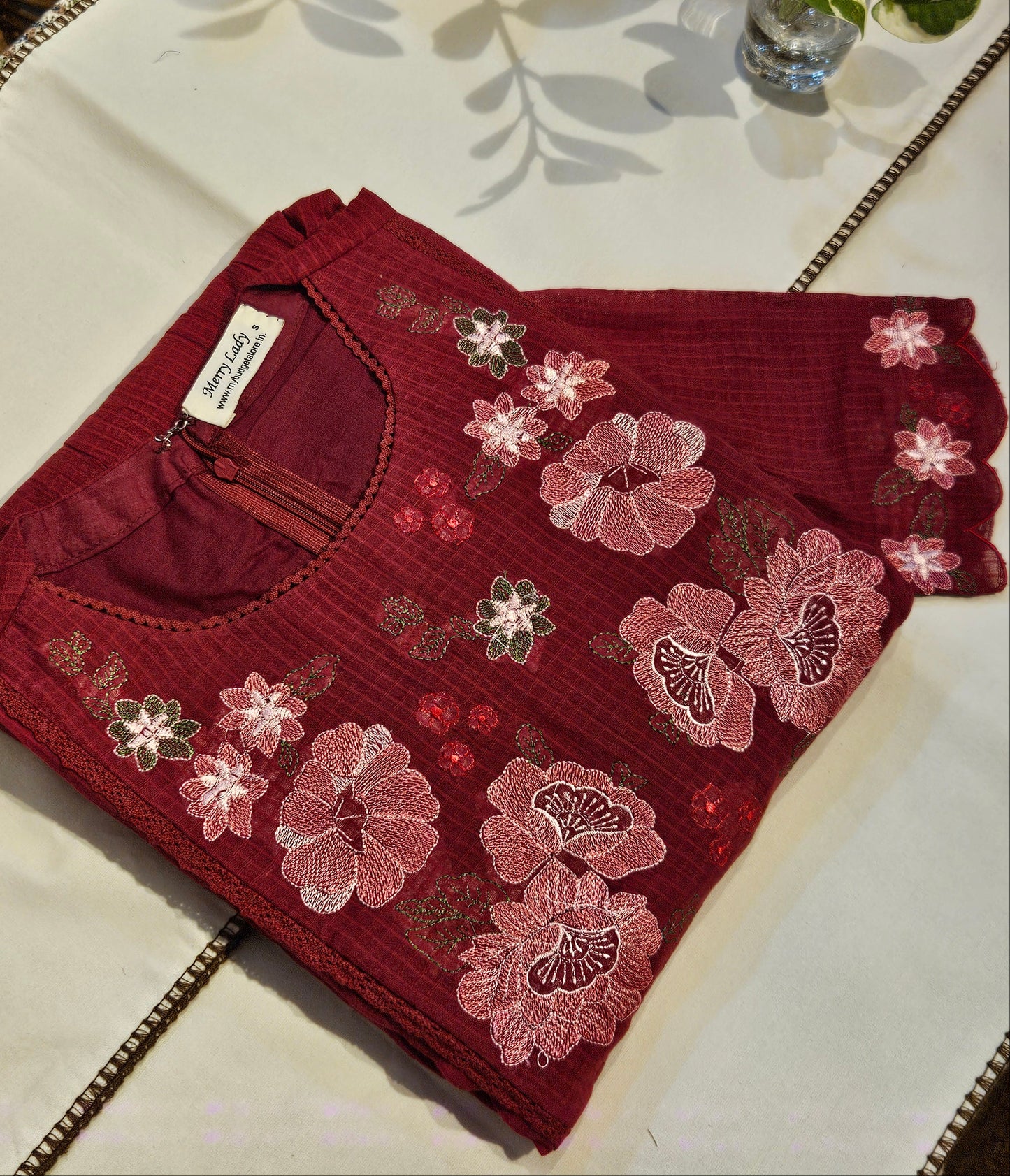 Meroon soft cotton kota checks kurti with floral embroidered yoke and crochet lace detailings MBS-699