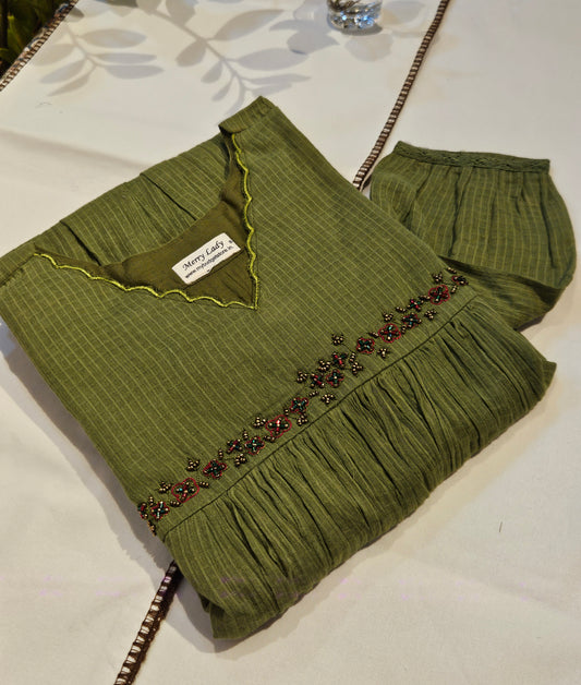 Green soft cotton kota checks kurti with scallopped neck and embroidered yoke MBS-698