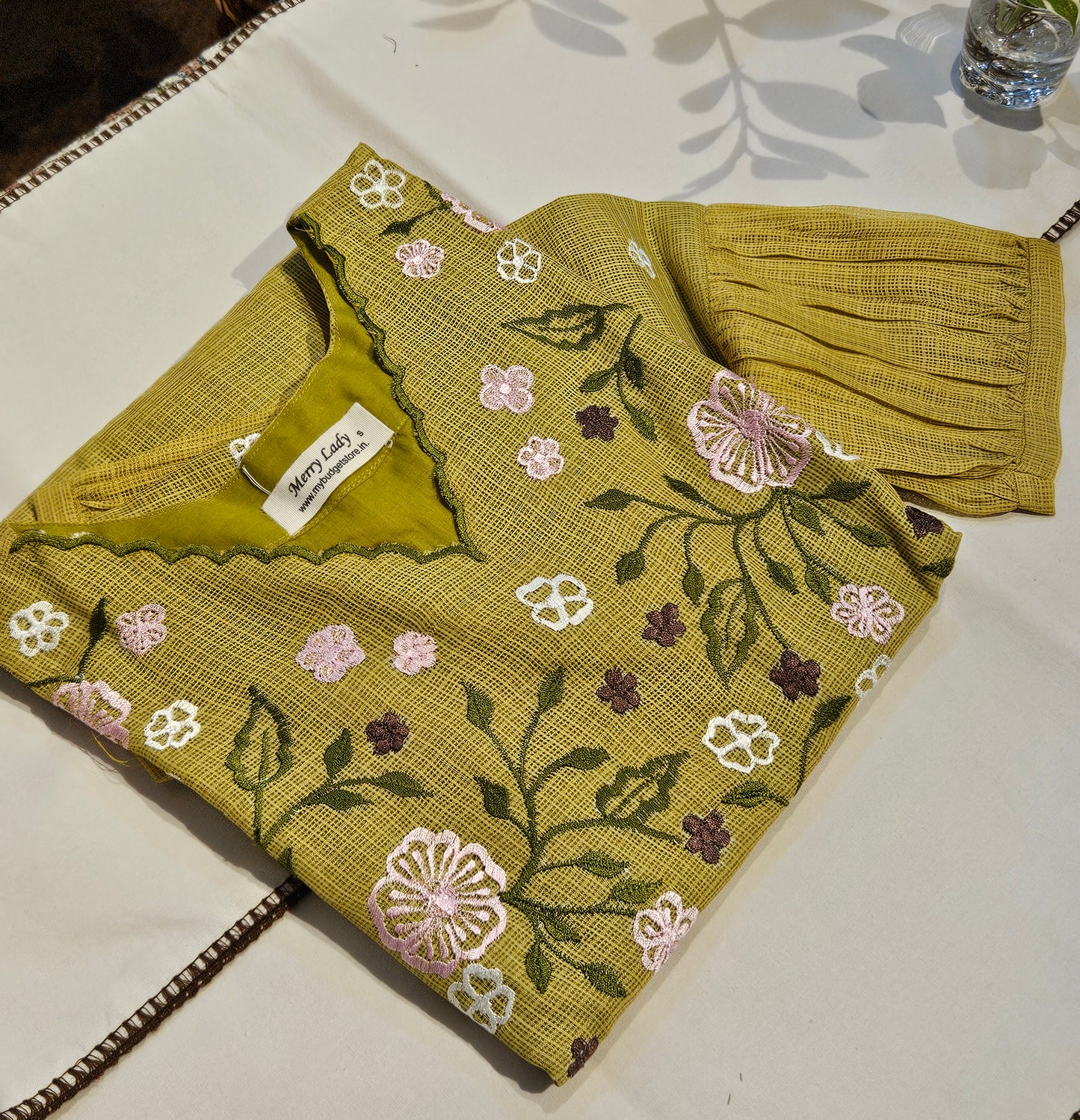 Green semi kota checks kurti with scallopped neckline and multicolour floral embroidered yoke MBS-697