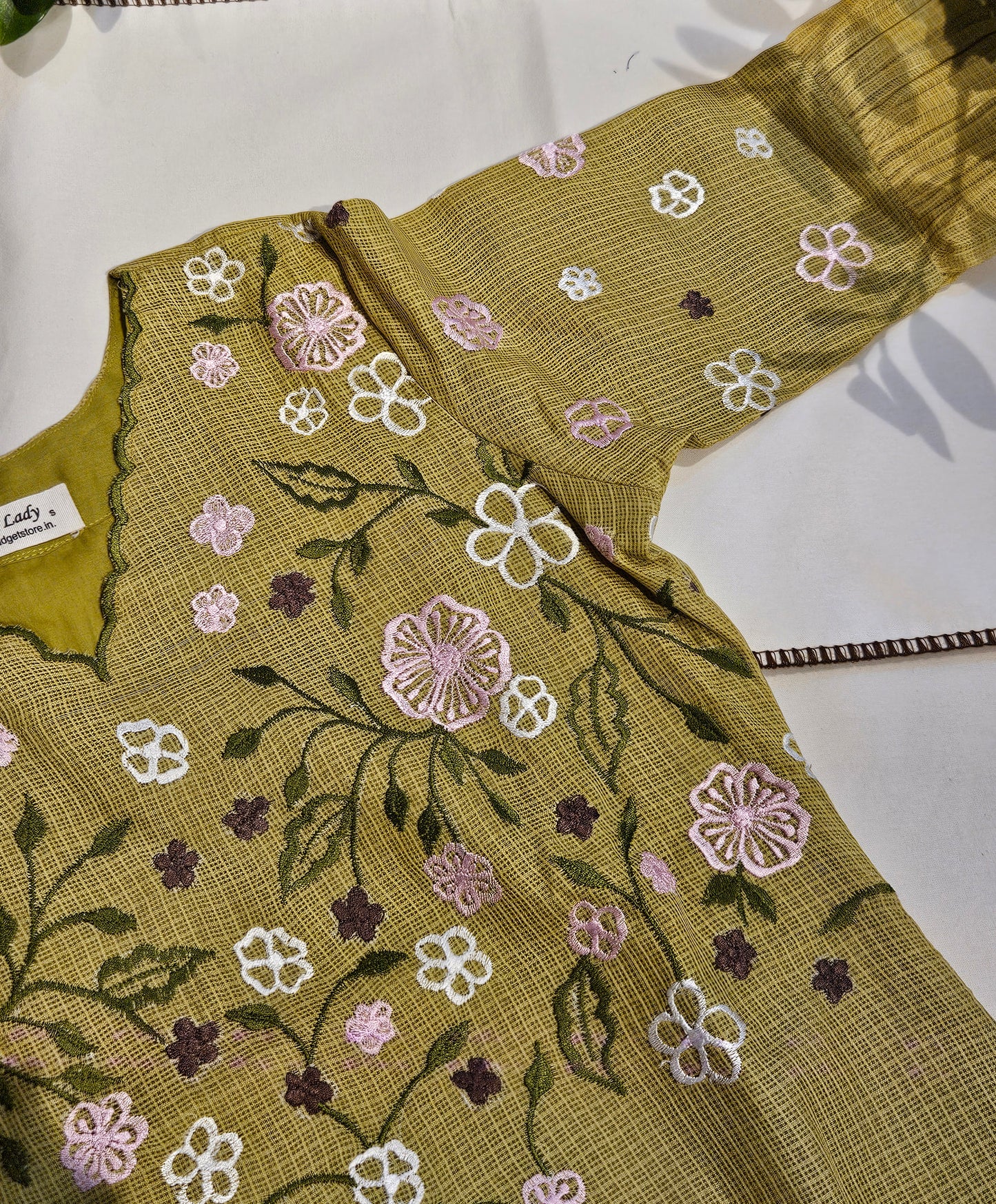 Green semi kota checks kurti with scallopped neckline and multicolour floral embroidered yoke MBS-697