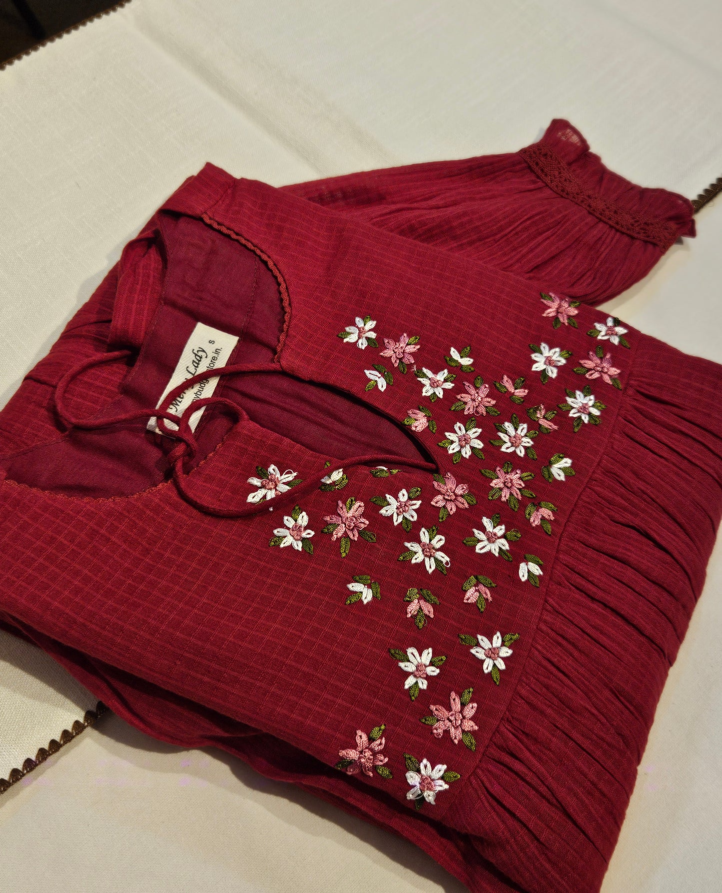 Meroon soft cotton kota kurti/dress with handworked floral thread embroidery on yoke MBS-703