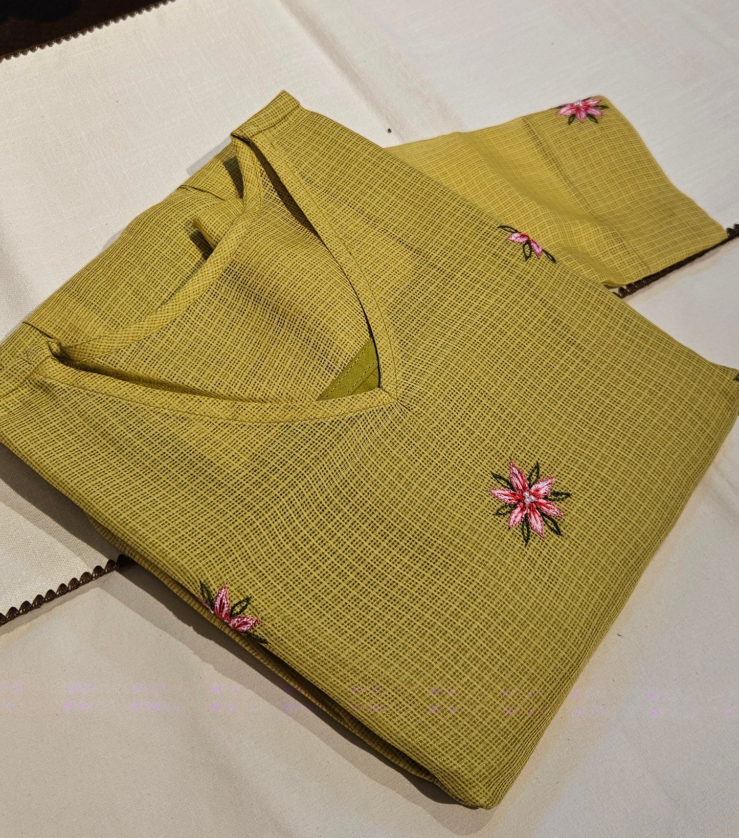 Sheen green viscose organza Aline kurti with multi colour floral embroidery detailings MBS-707