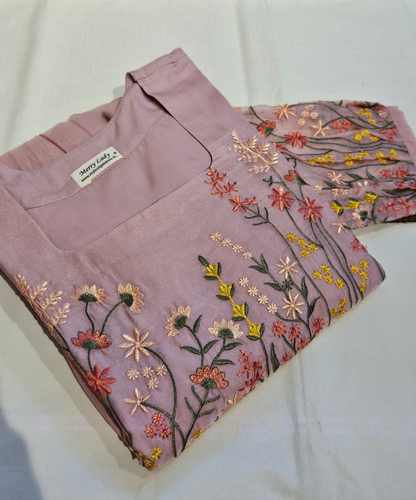 Pink soft organza kurti with floral embroidery detailings  on yoke and sleeves MBS-700