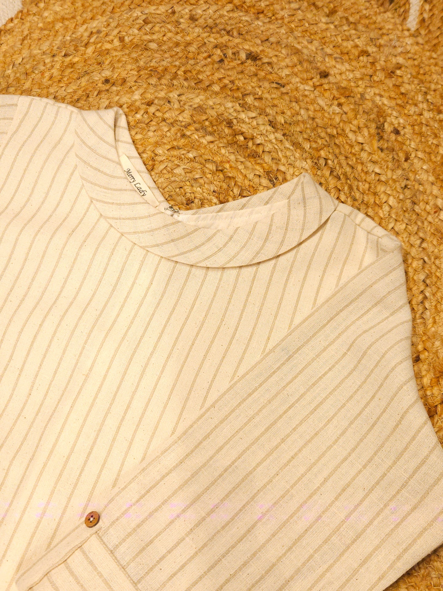 Cream shaded striped natural linen slitted kurti with folded collar MBS-781 ** Ready to dispatch **